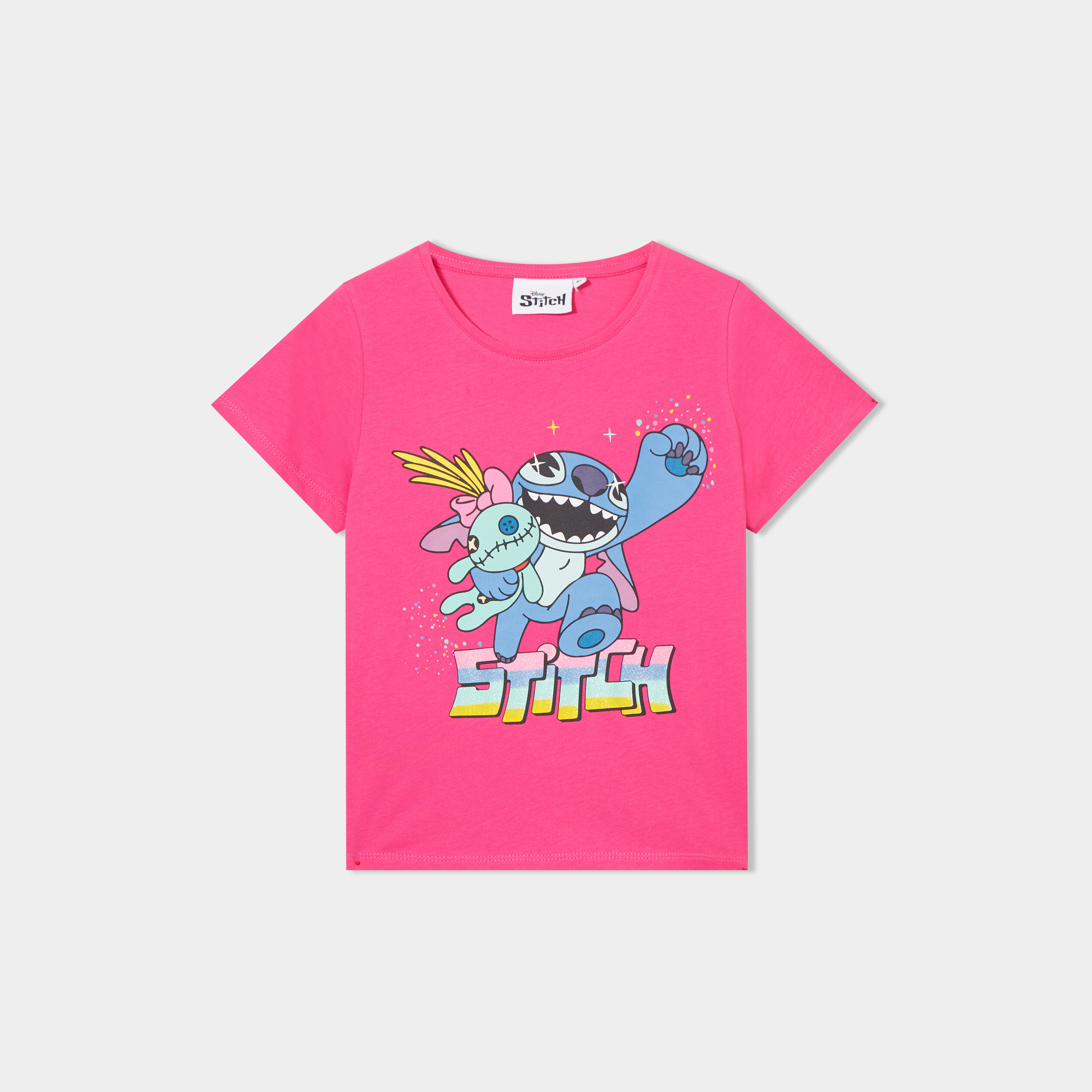 T shirt manches courtes Stitch rose fluo fille