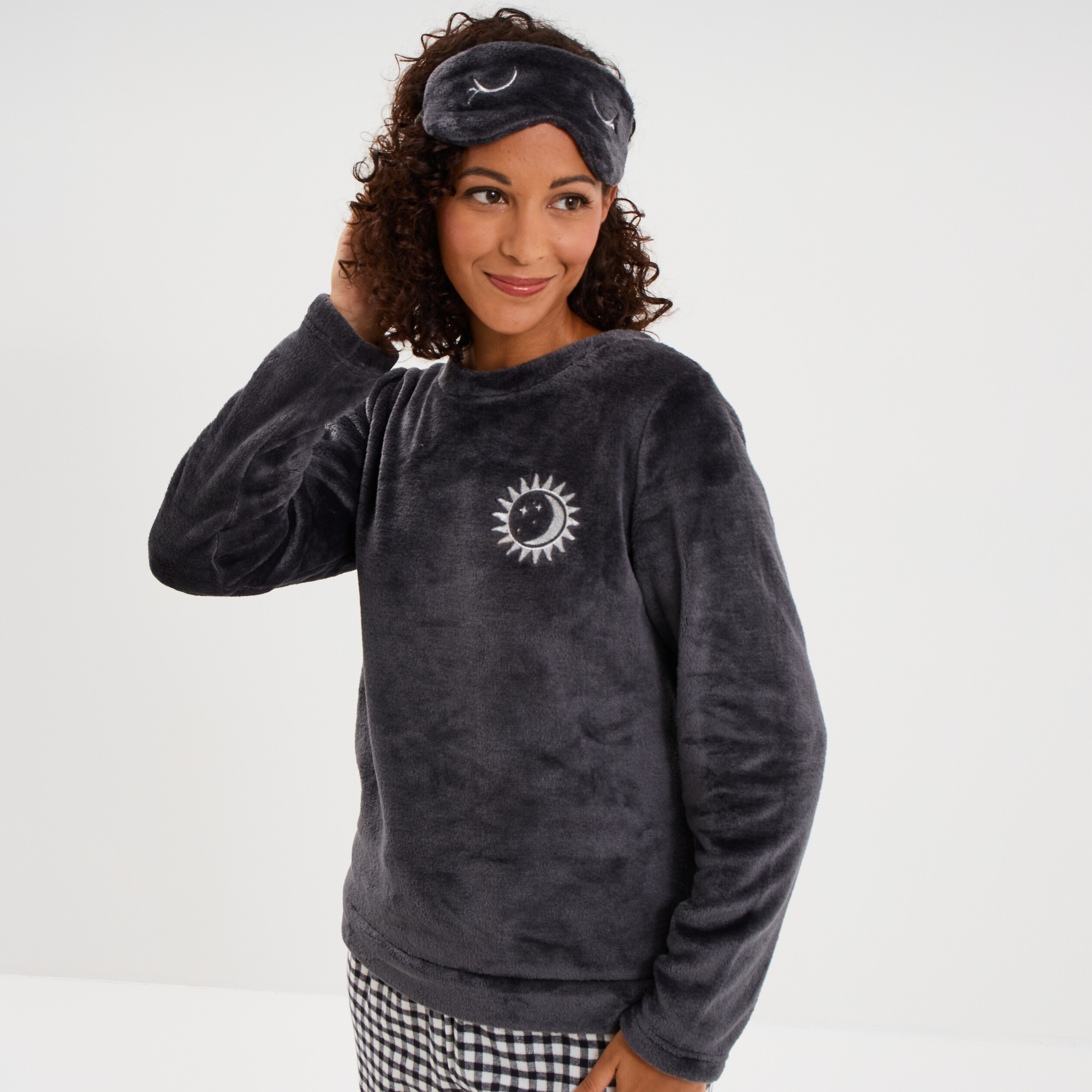 Ensemble pyjama effet polaire 3 pi&egrave;ces bleu marine femme