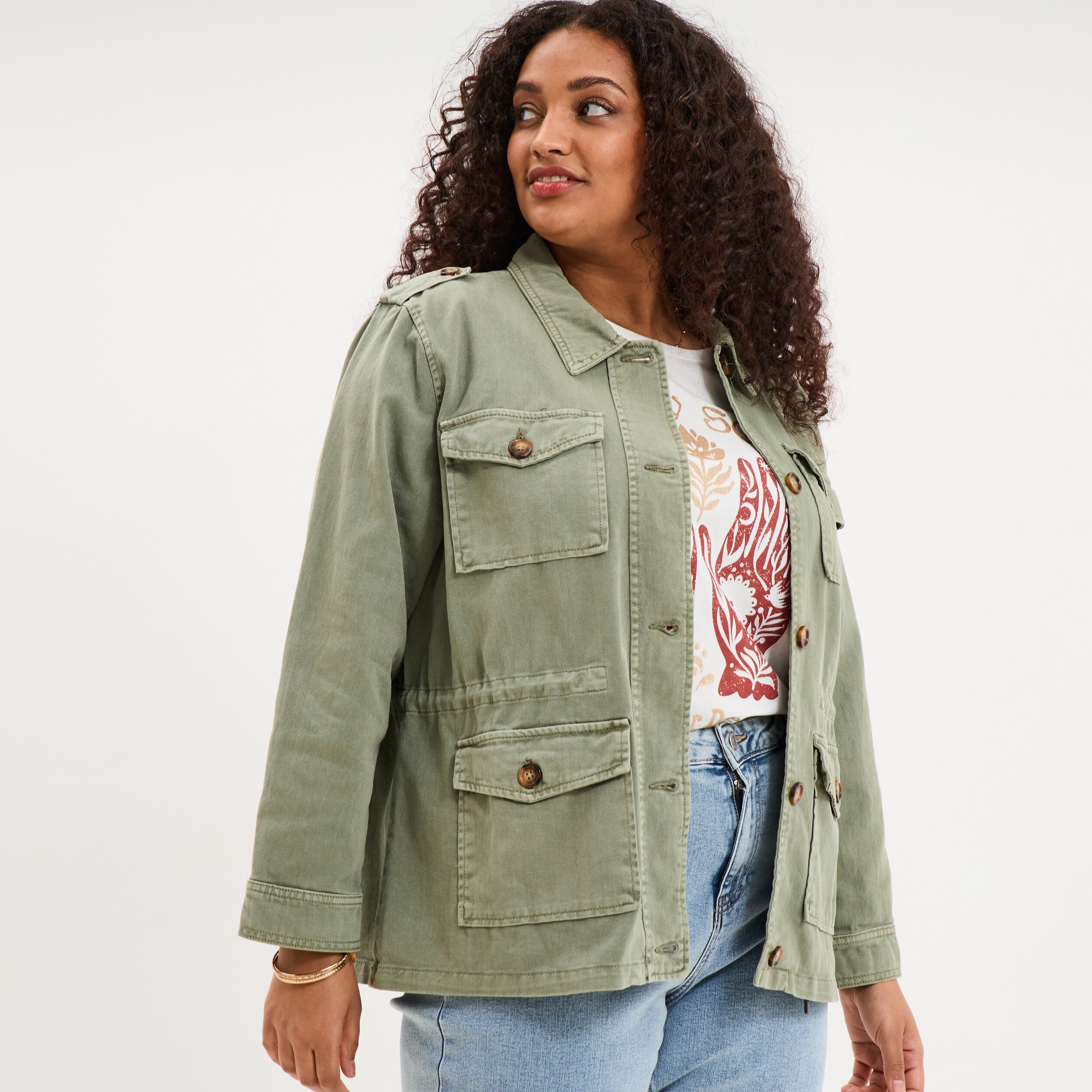 Veste boutonn&eacute;e poches &agrave; rabat vert kaki femme grande taille