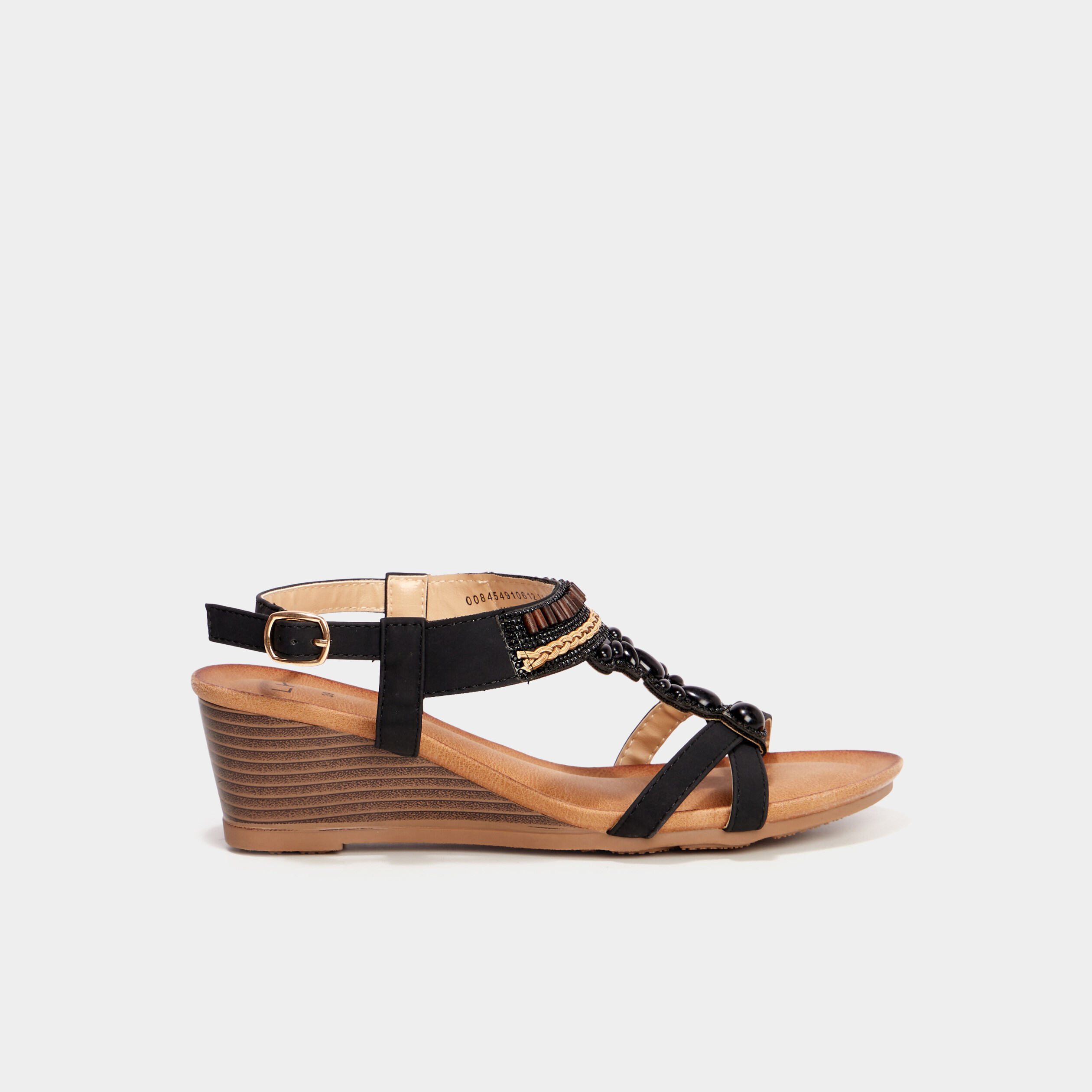Sandales compens&eacute;es d&eacute;tails bijoux noir femme