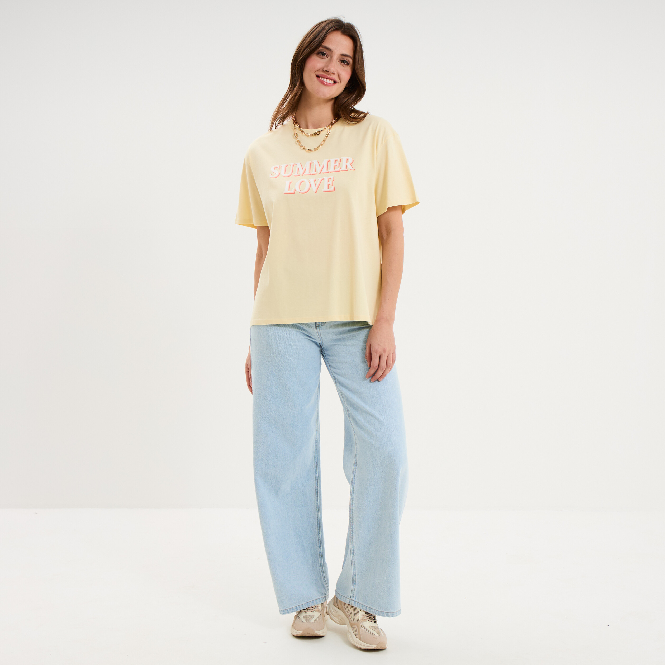 T-shirt droit manches courtes coton jaune clair femme
