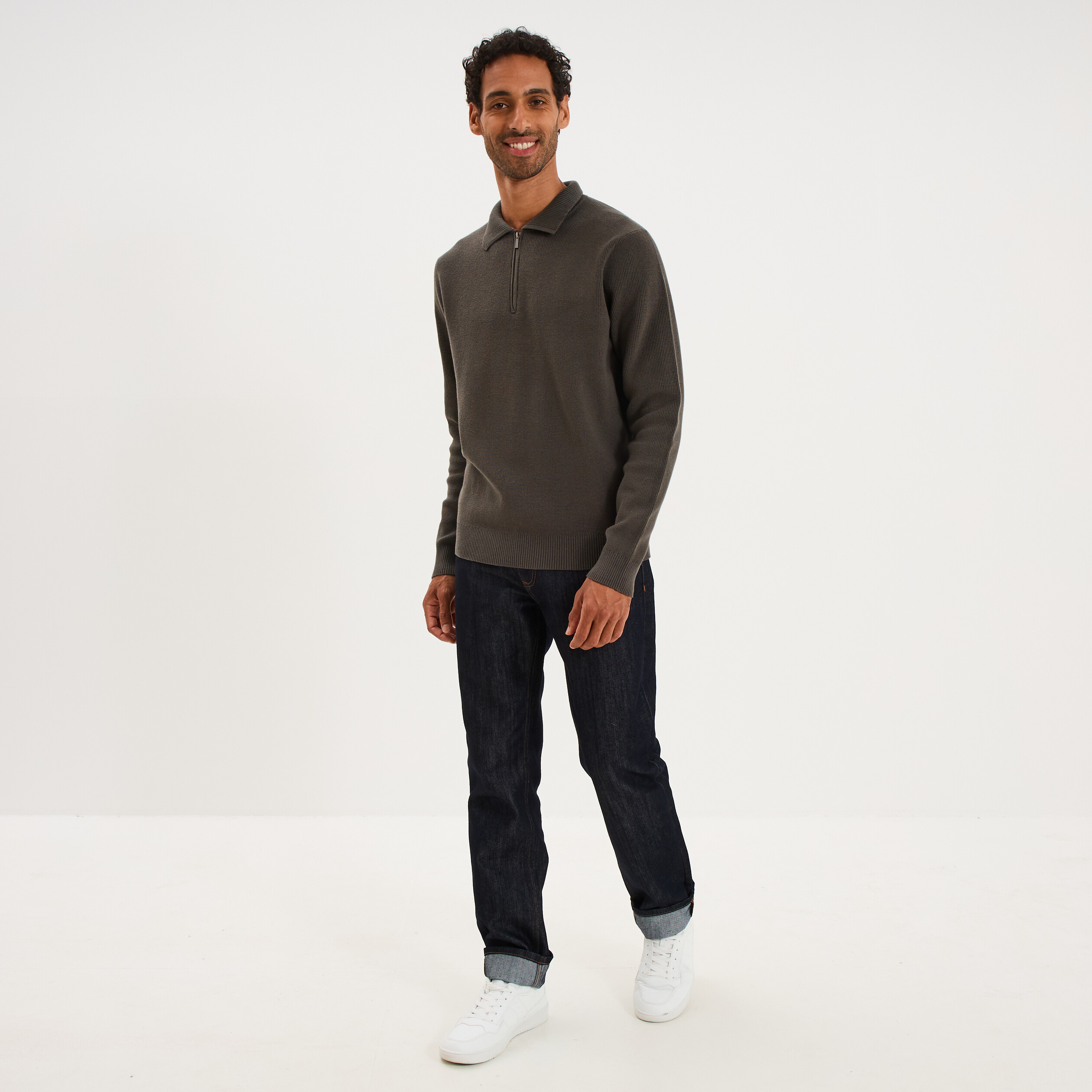 Pull col polo zipp&eacute; manches longues vert homme