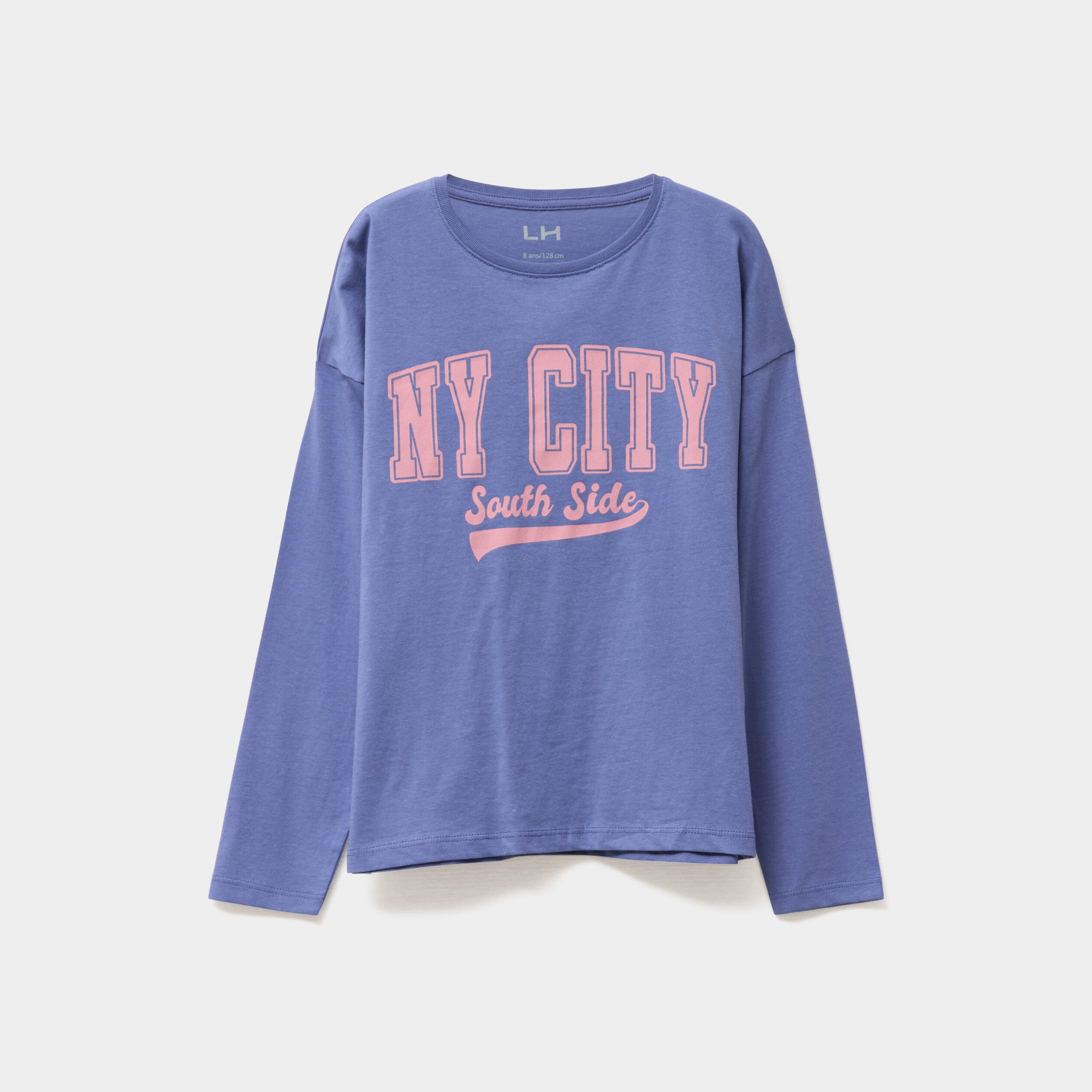 T-shirt col rond manches longues coton bleu gris fille