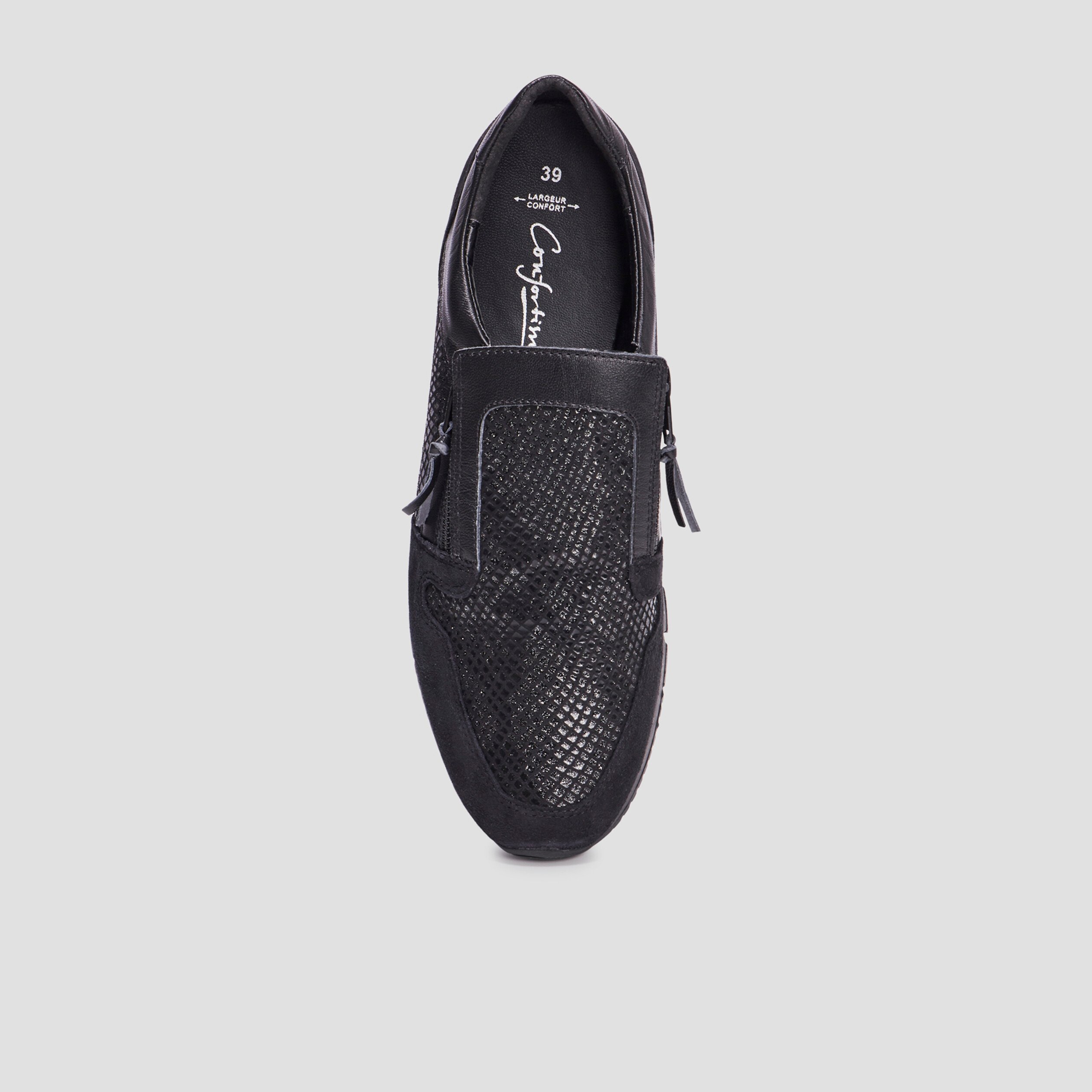 baskets zippees en cuir pied large noir femme Baskets zippées en cuir pied large noir femme