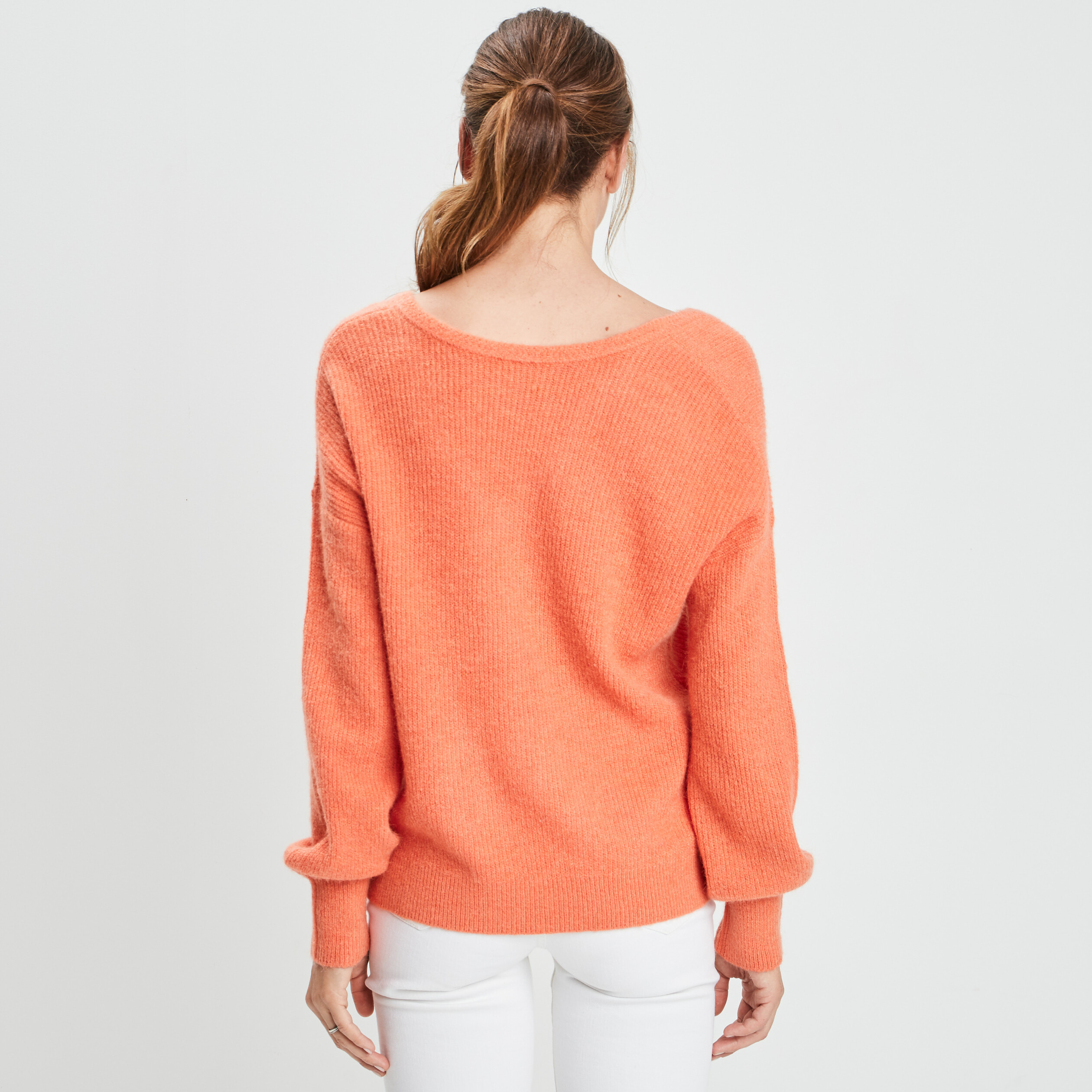 Pull recto verso manches longues orange corail femme