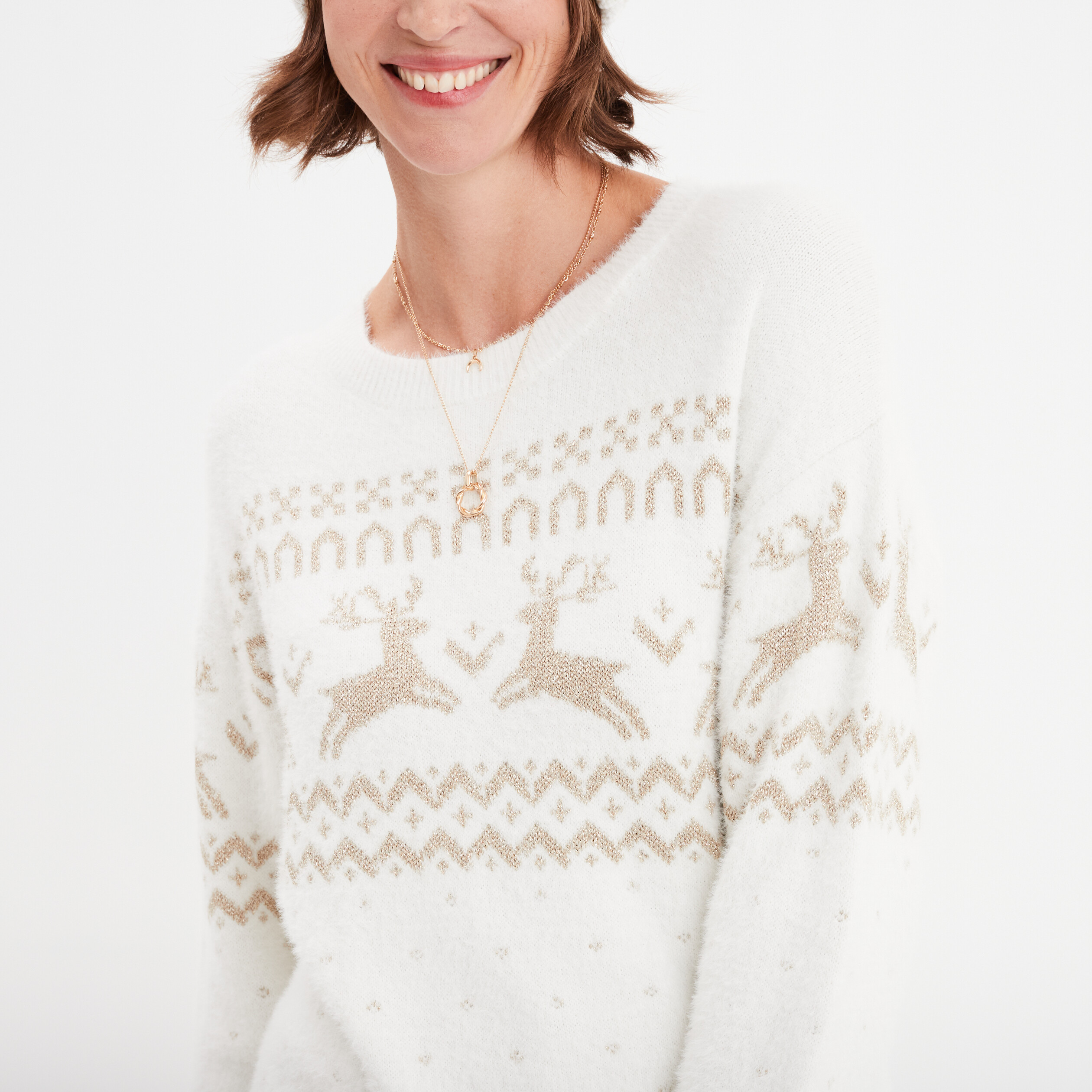 Pull No&euml;l col rond manches longues blanc femme