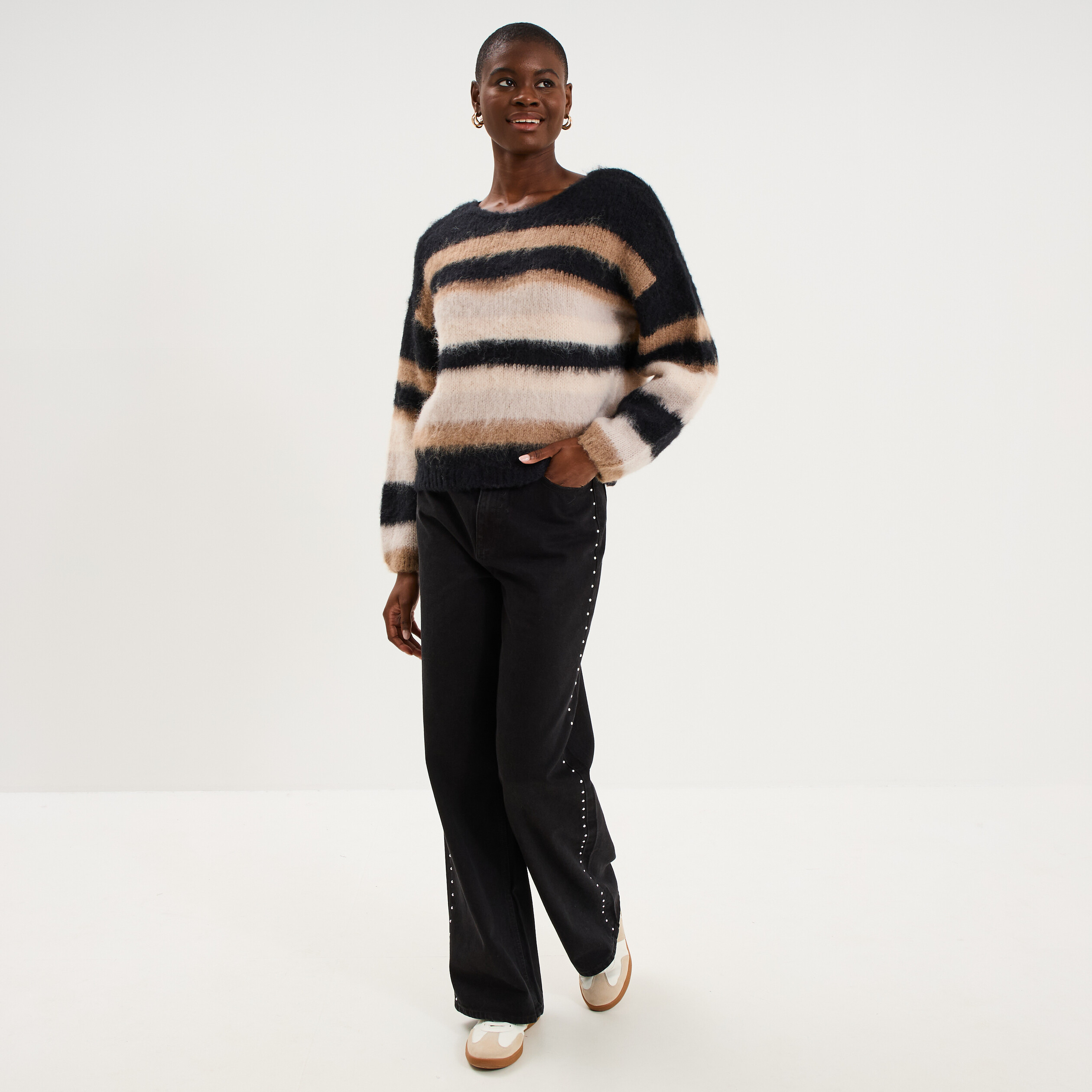 Pull col rond manches longues beige femme