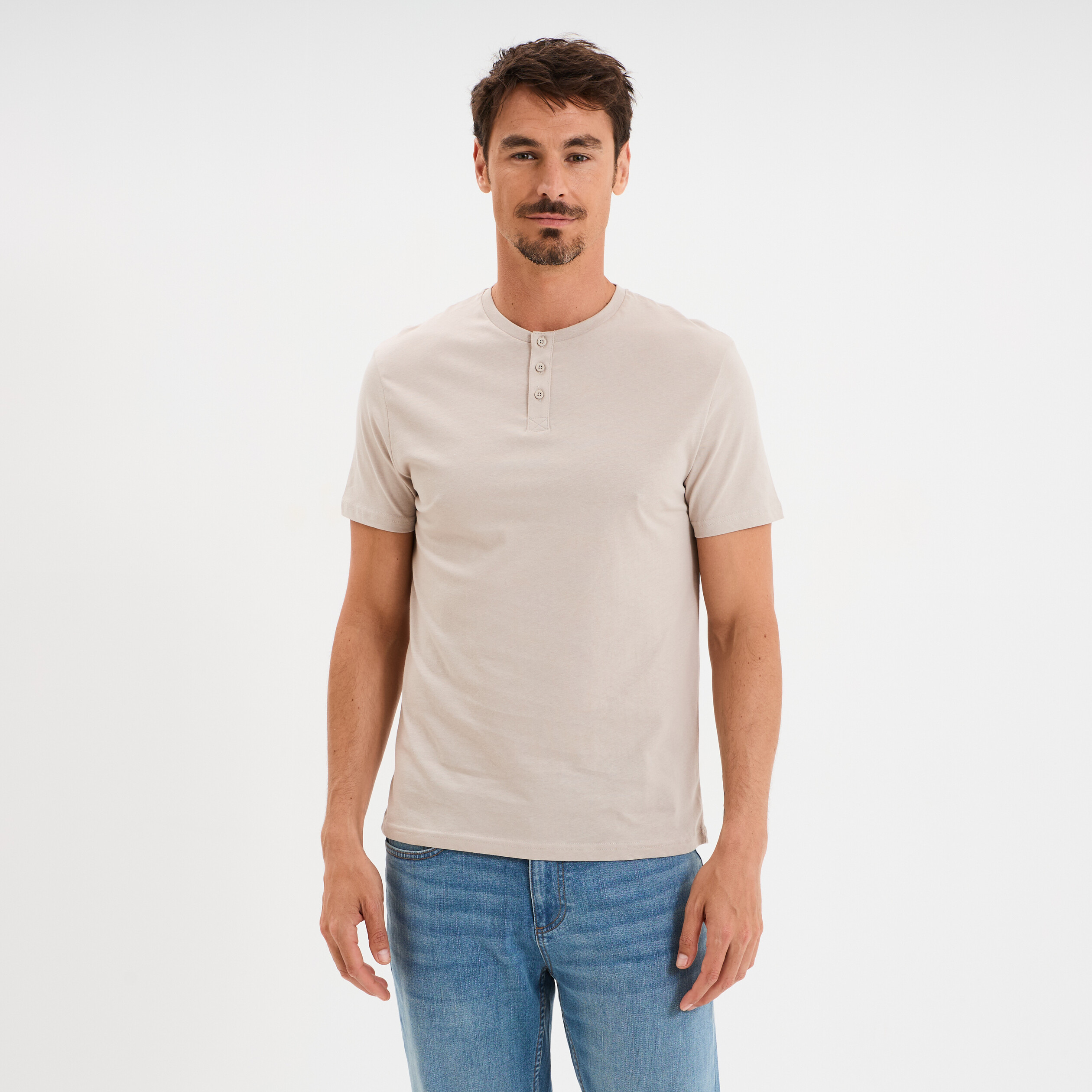 t shirt col tunisien manches courtes gris clair homme T-shirt col tunisien manches courtes gris clair homme