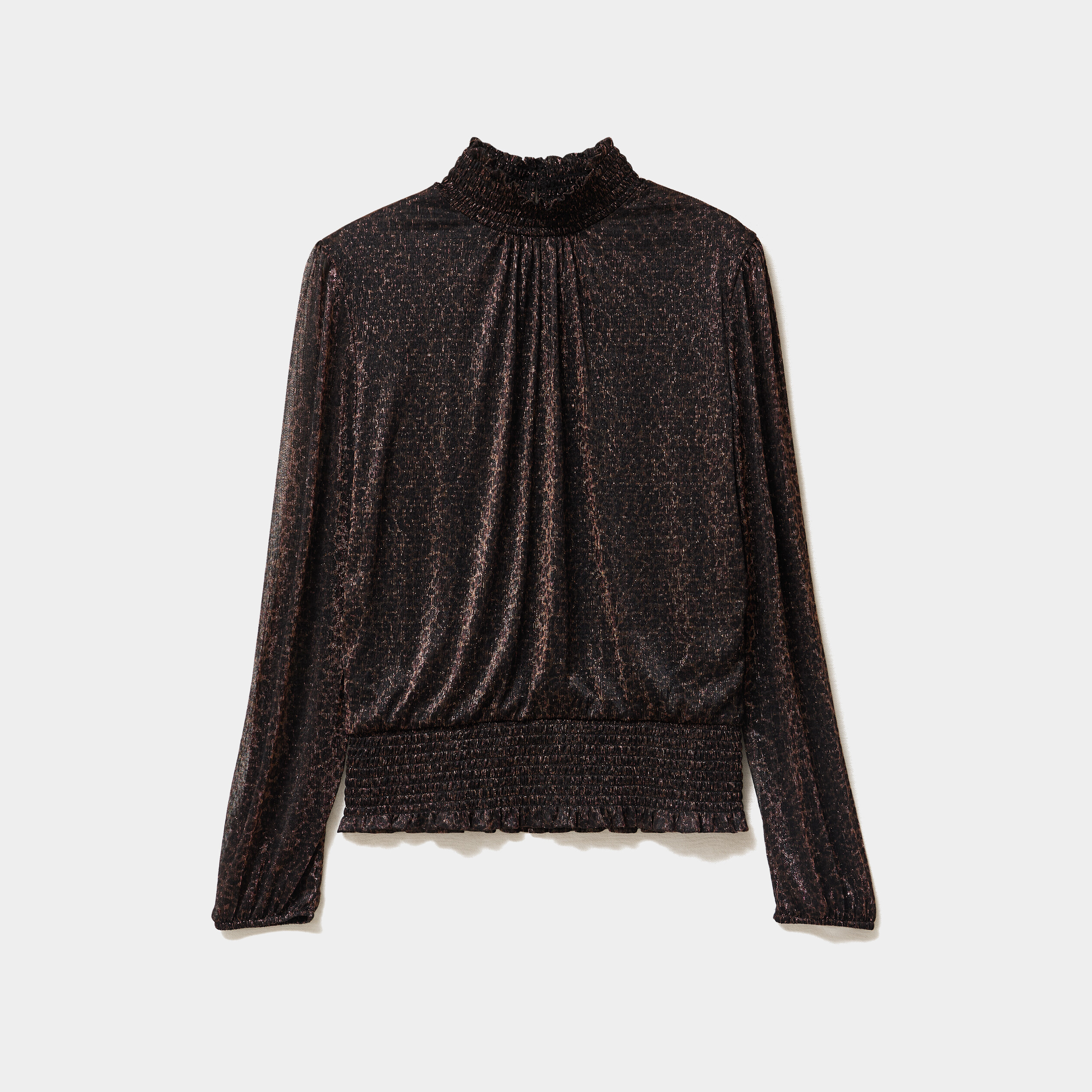 Blouse manches longues &agrave; col montant marron fonc&eacute; femme