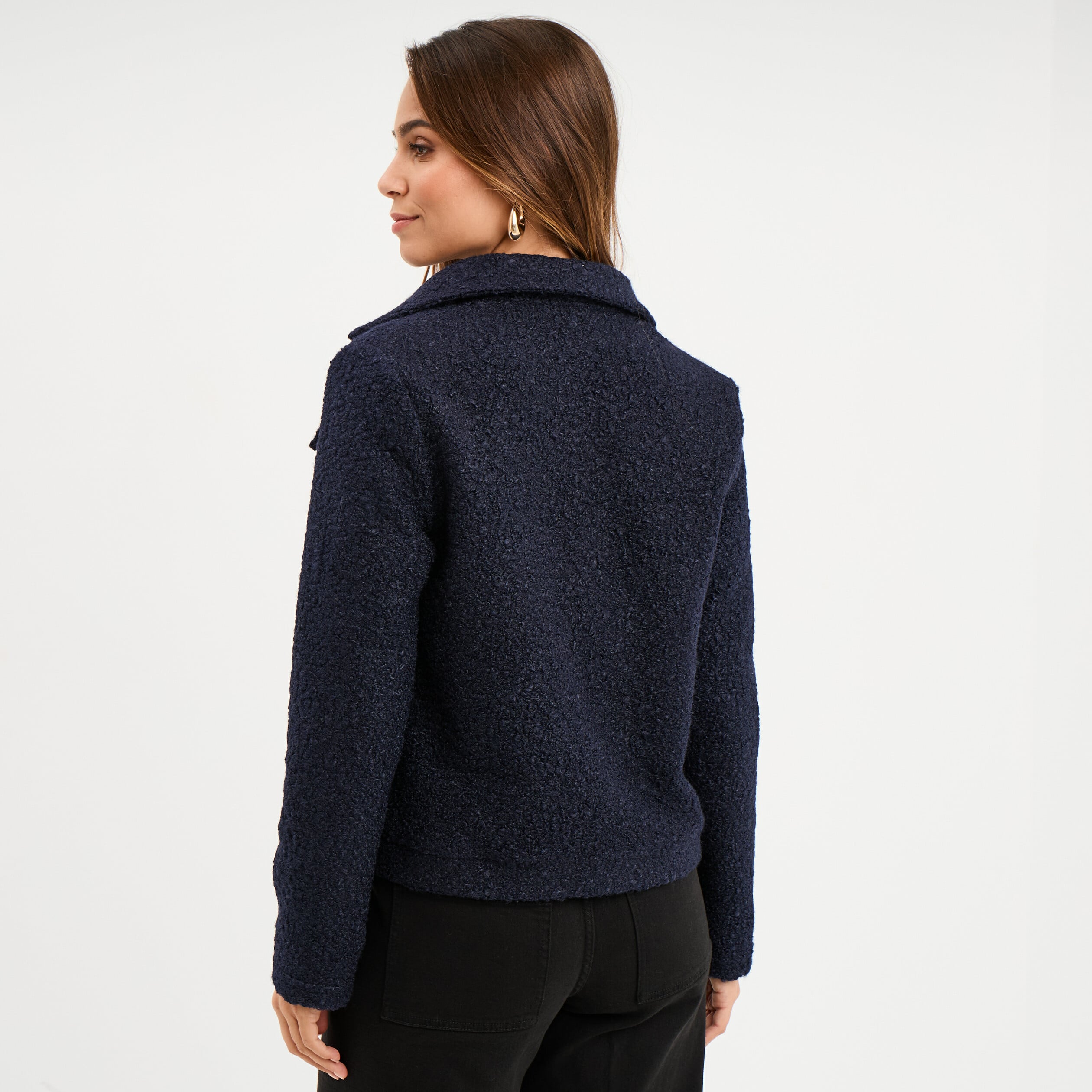 Veste bouclette boutonn&eacute;e bleu marine femme