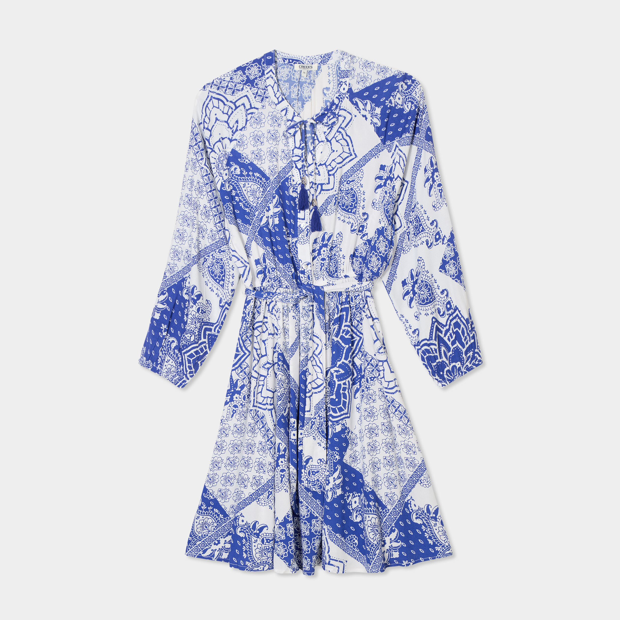 Robe fluide manches longues ceintur&eacute;e bleu femme