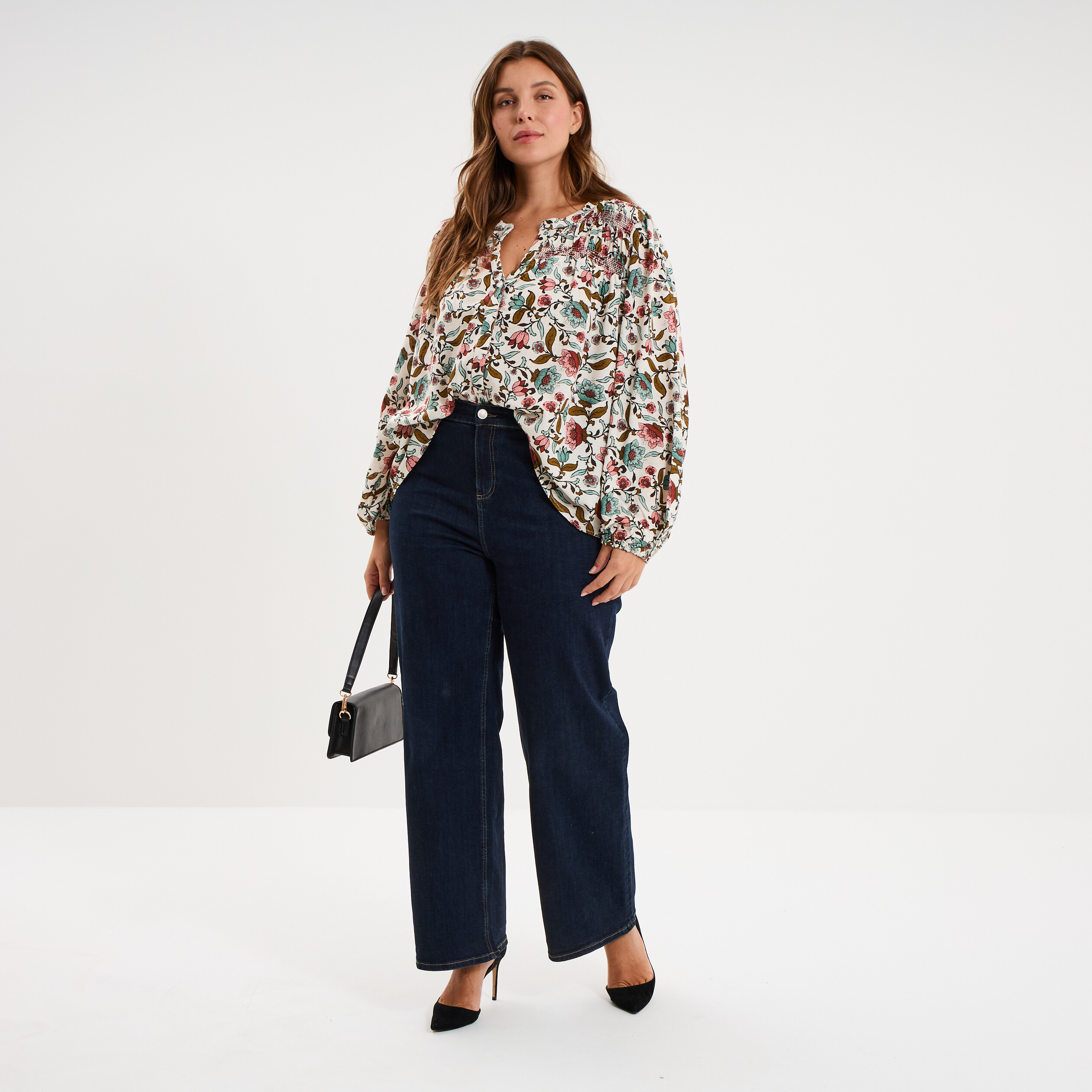Blouse fluide col V manches longues multicolore femme grande taille
