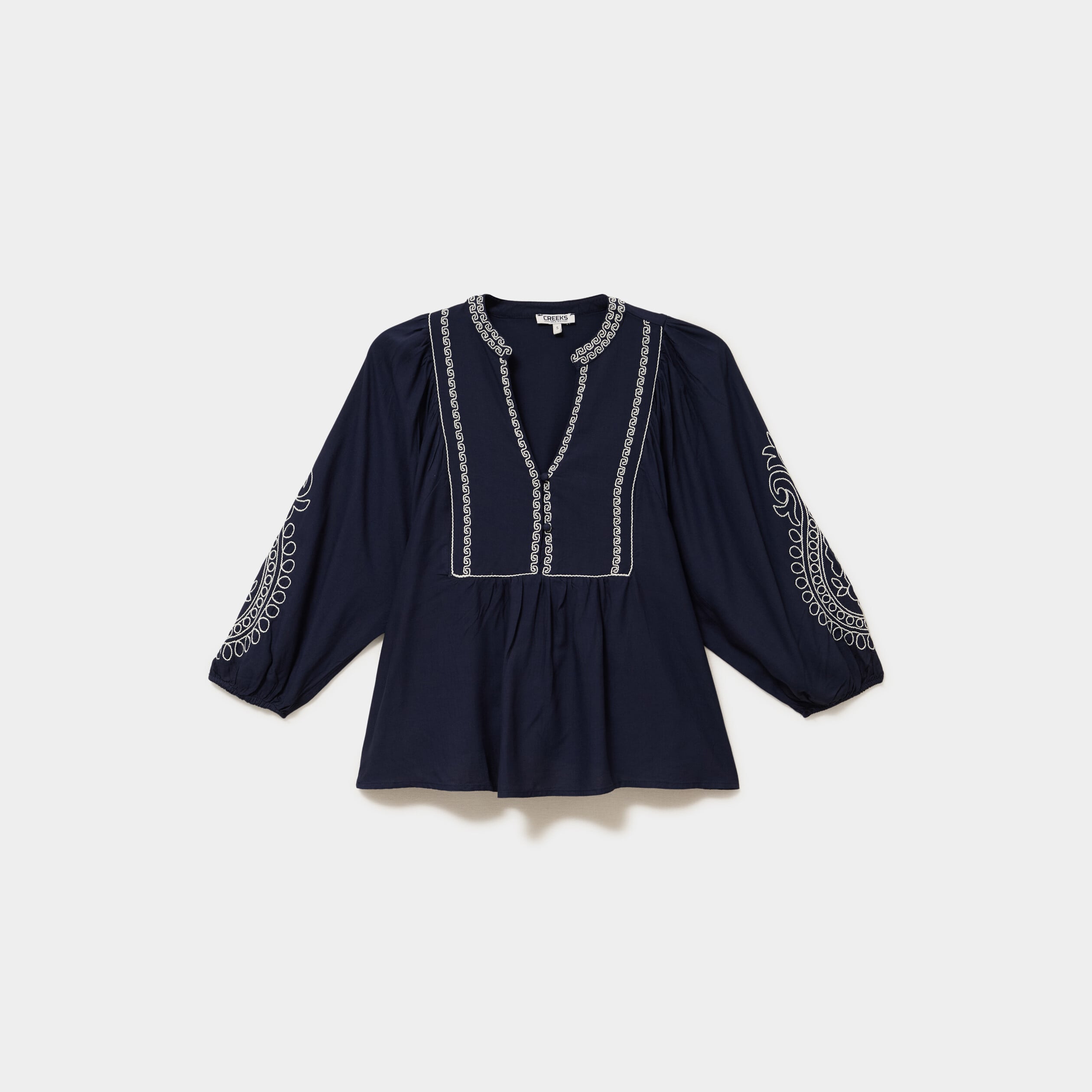 Blouse brod&eacute;e oversize col tunisien bleu fonc&eacute; femme