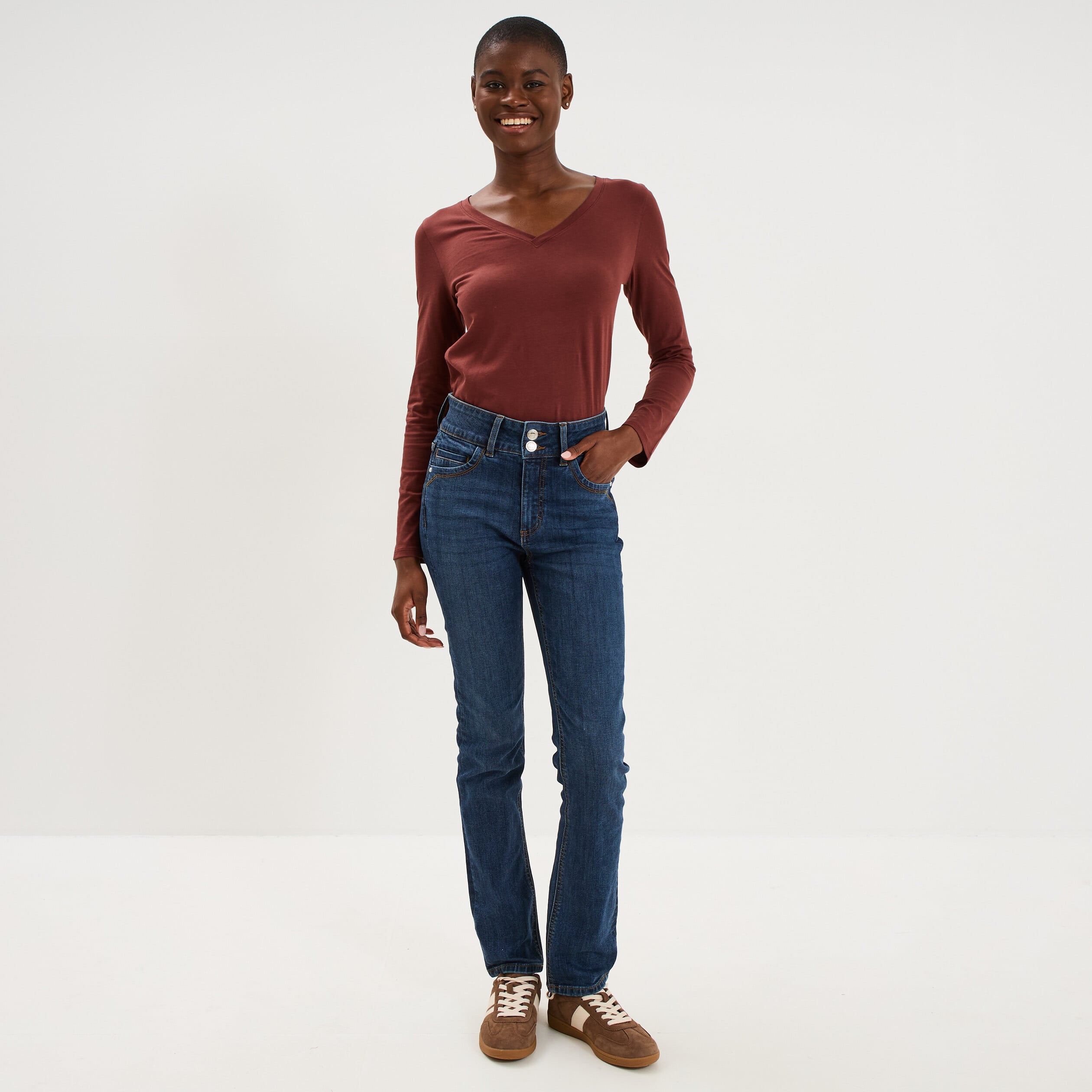 T-shirt col en V manches longues coton bordeaux femme
