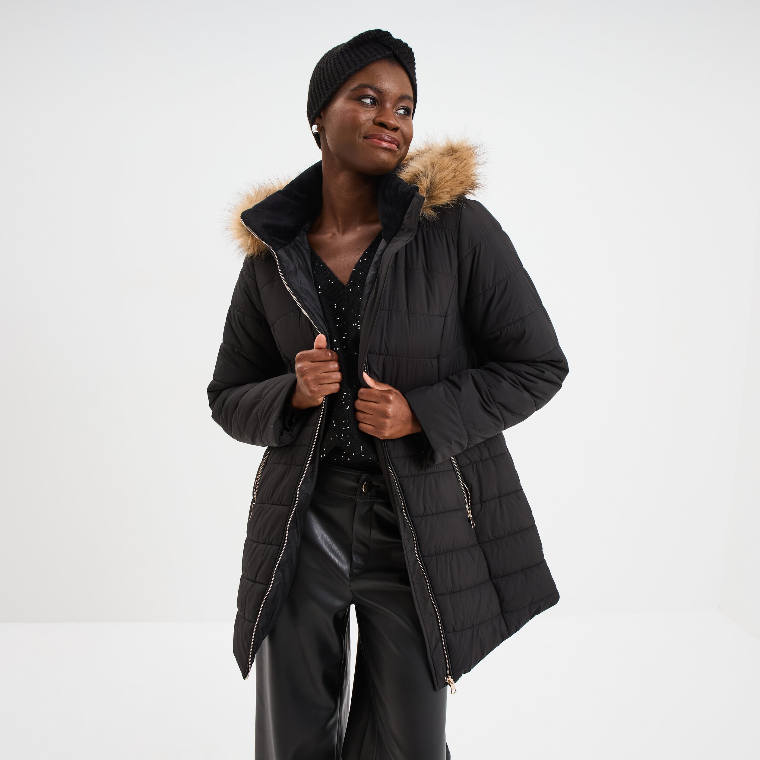 Doudoune mi-longue &agrave; capuche noir femme