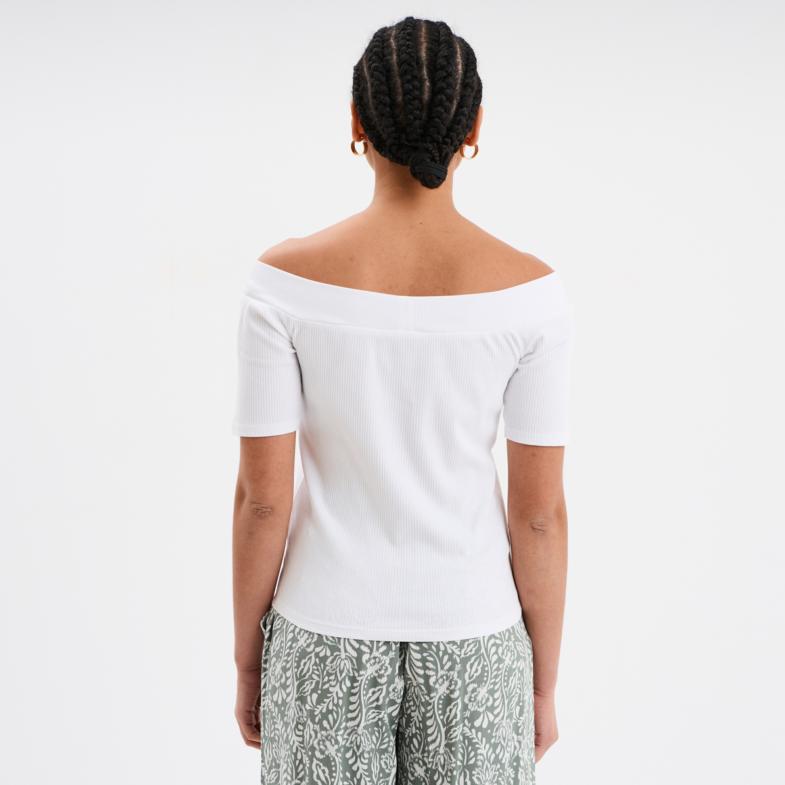 t shirt col bardot manches courtes coton blanc femme T-shirt col bardot manches courtes coton blanc femme