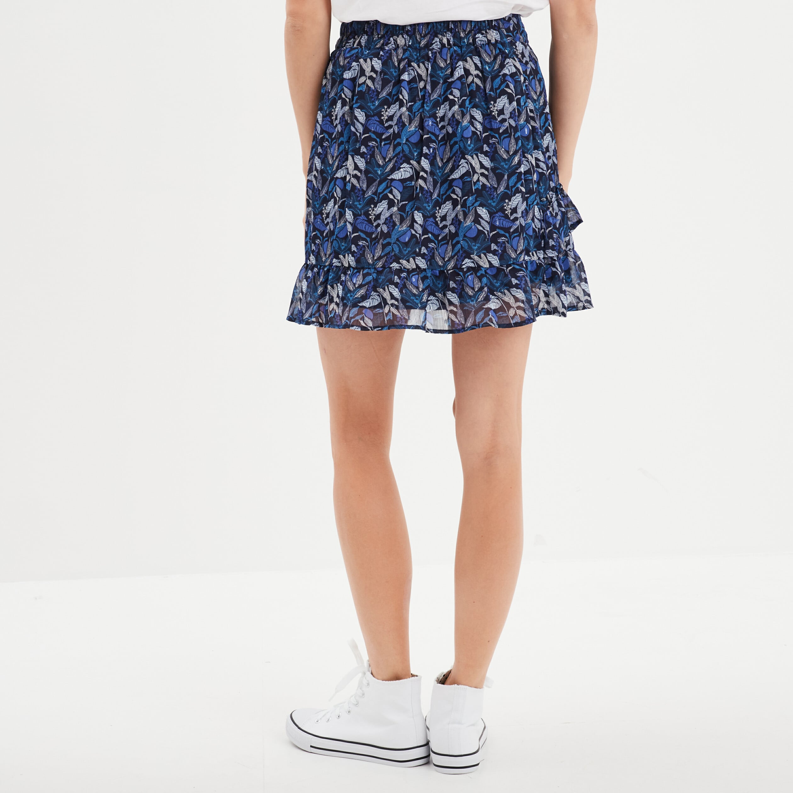 Jupe courte patineuse &agrave; volants bleu femme