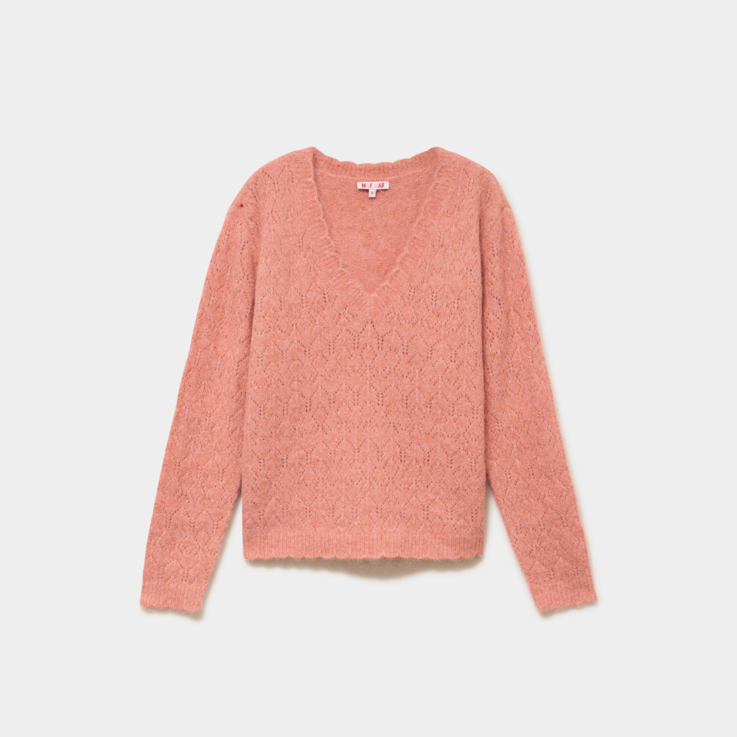 Pull col V ajour&eacute; manches longues rose corail femme