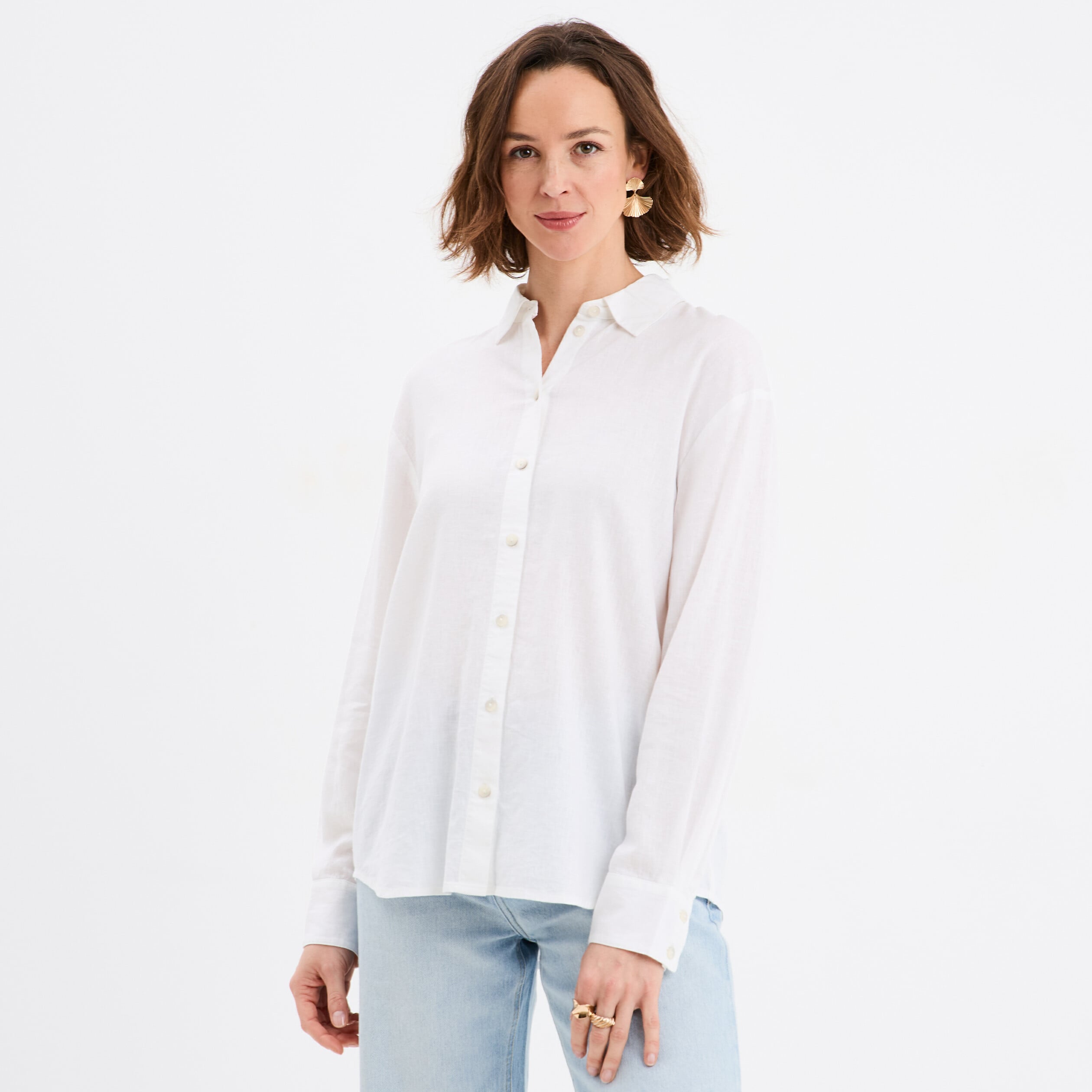 Chemise oversize lin m&eacute;lang&eacute; blanc femme