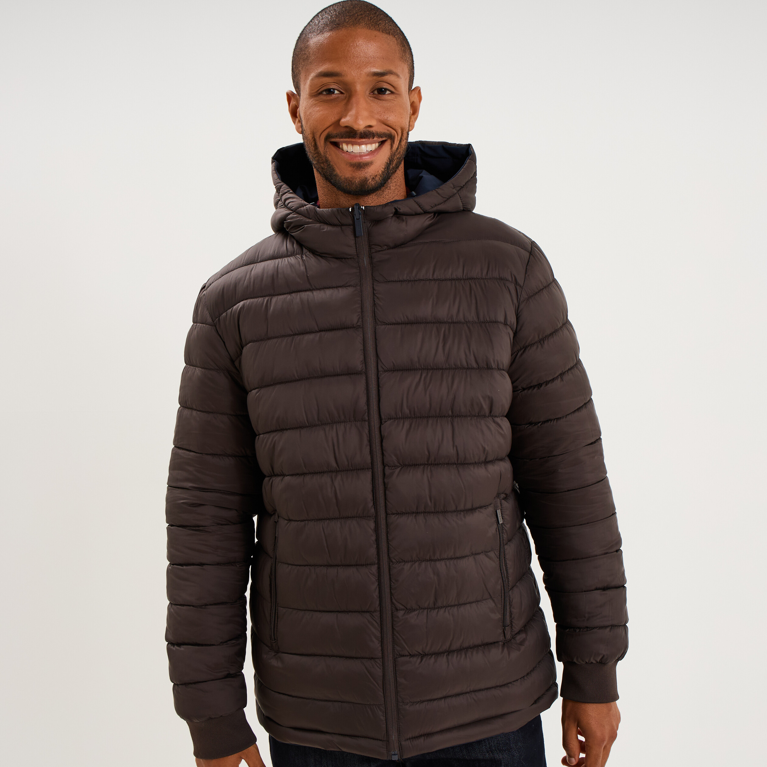 Blouson r&eacute;versible &agrave; capuche zipp&eacute; bleu marine homme