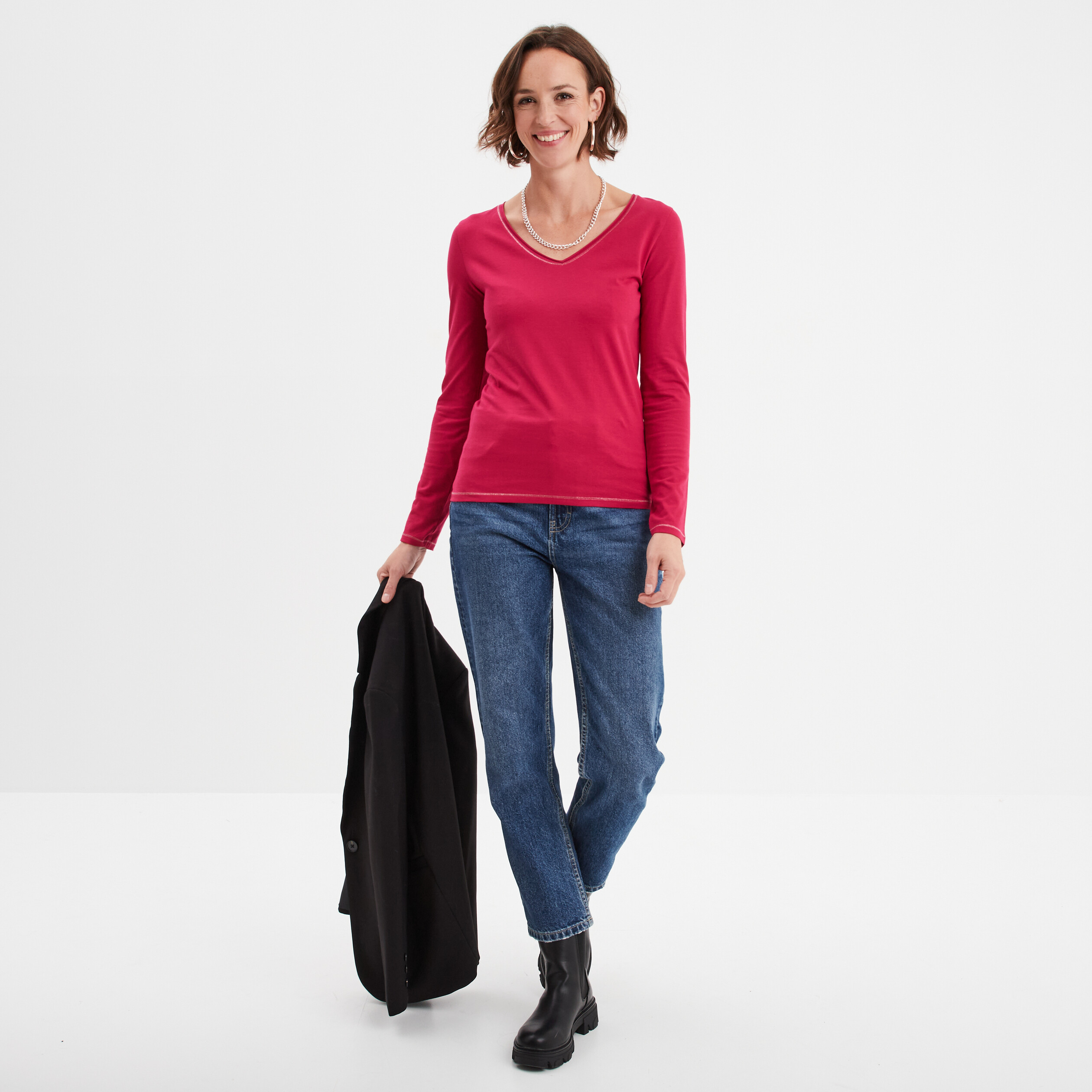 t shirt manches longues col en v coton rose framboise femme T-shirt manches longues col en V coton rose framboise femme
