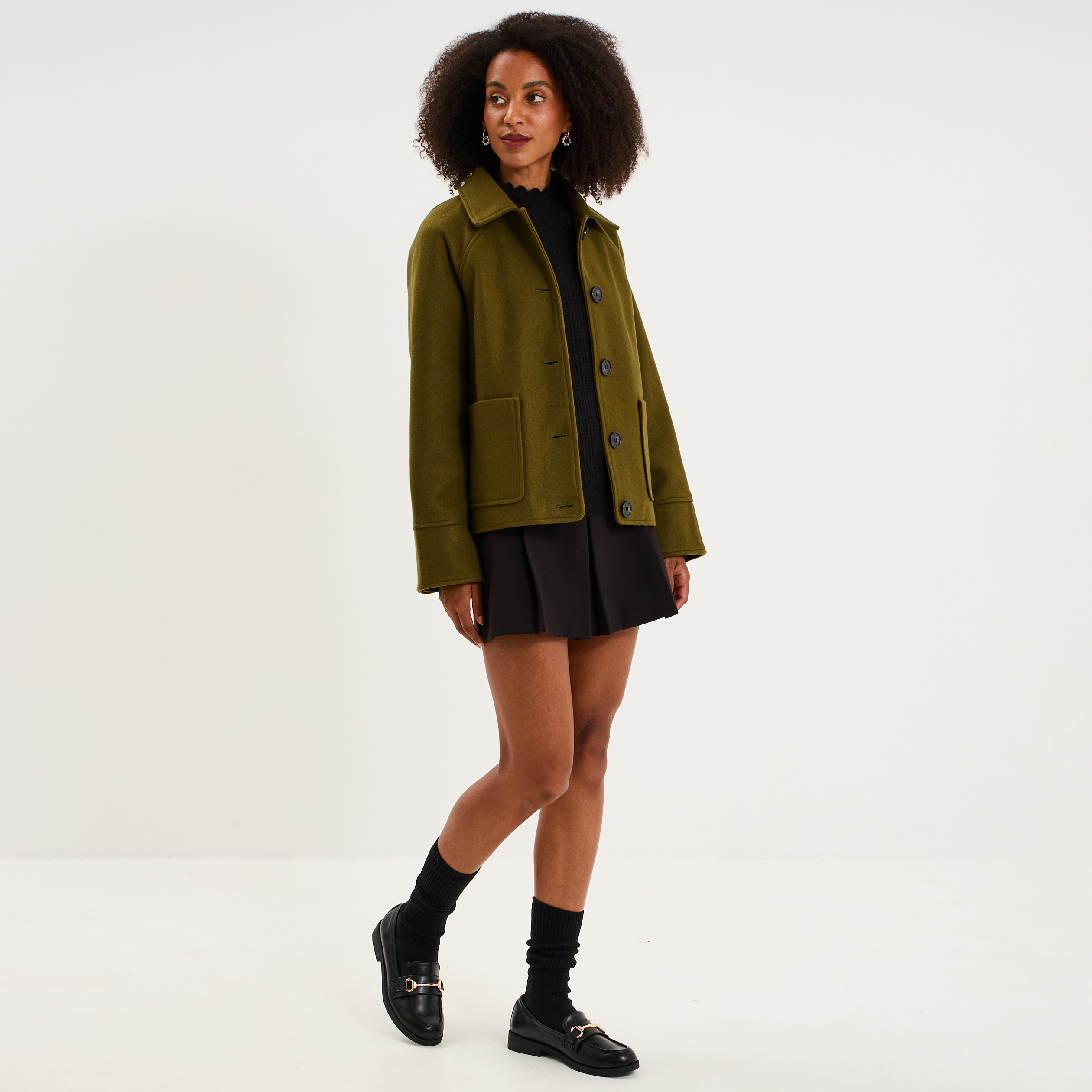 Veste courte oversize boutonn&eacute;e vert kaki femme