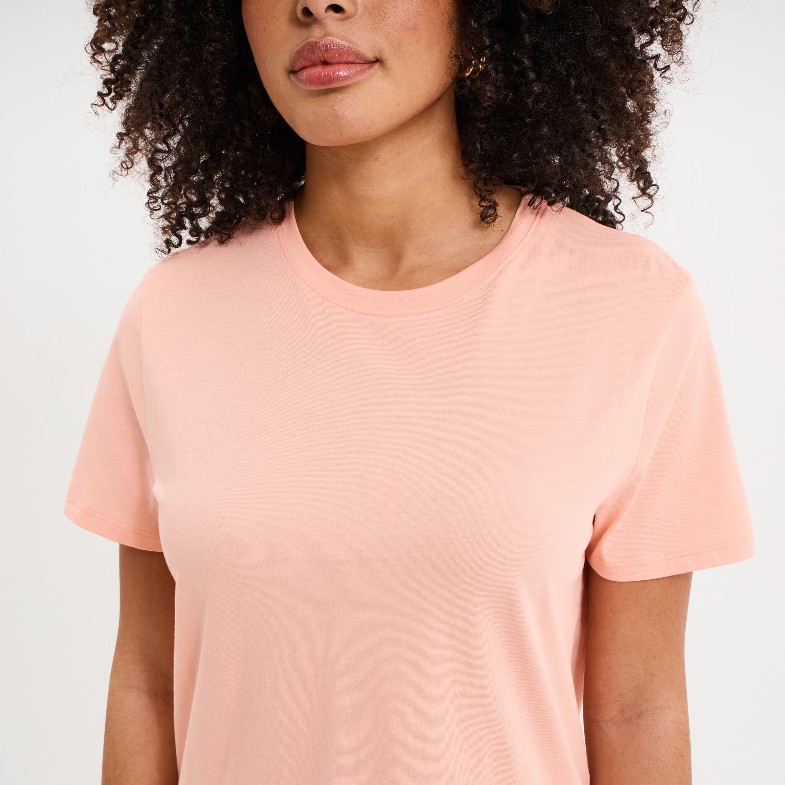 T-shirt col rond manches courtes coton rose poudr&eacute;e femme