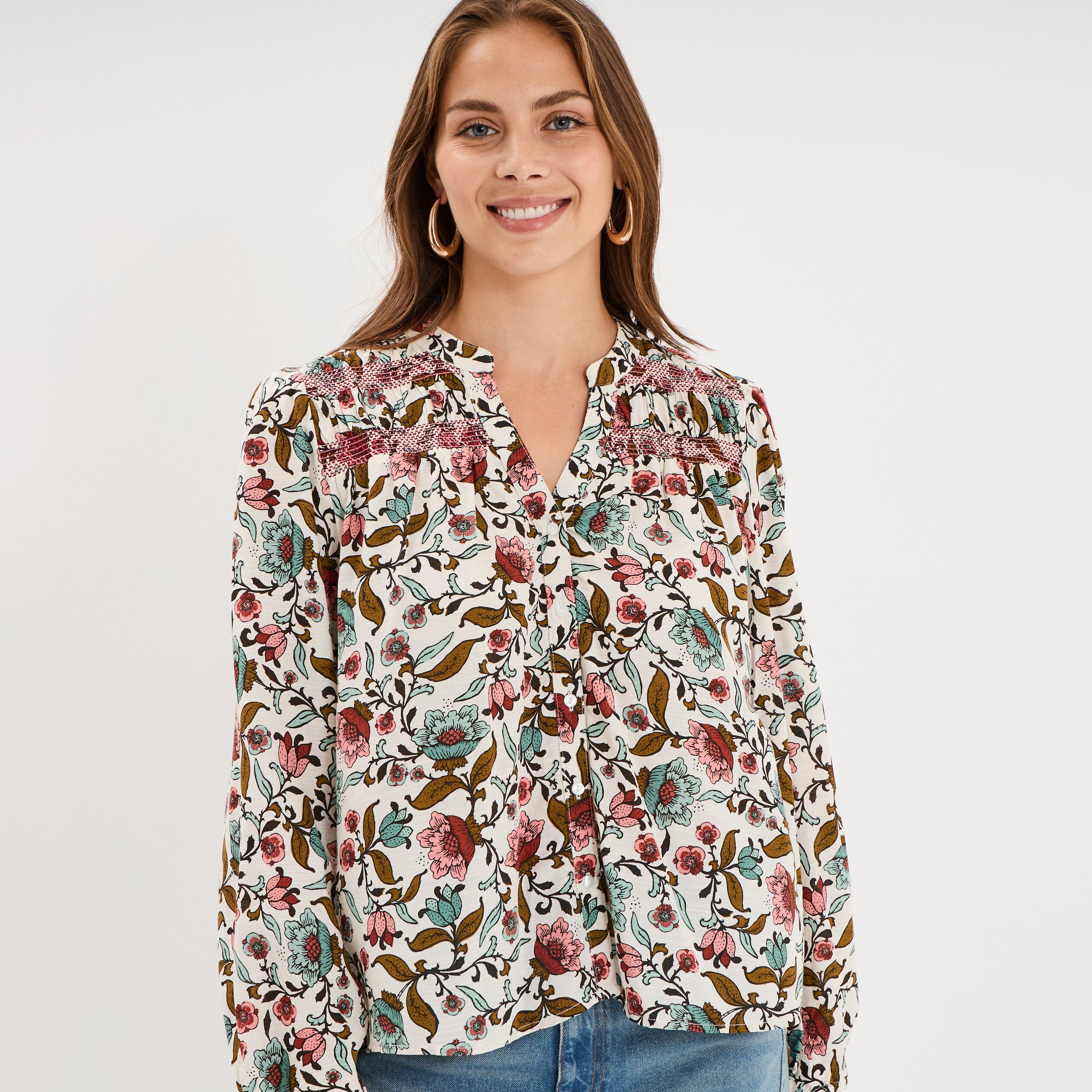 Chemise fluide &eacute;paules smock&eacute;es multicolore femme