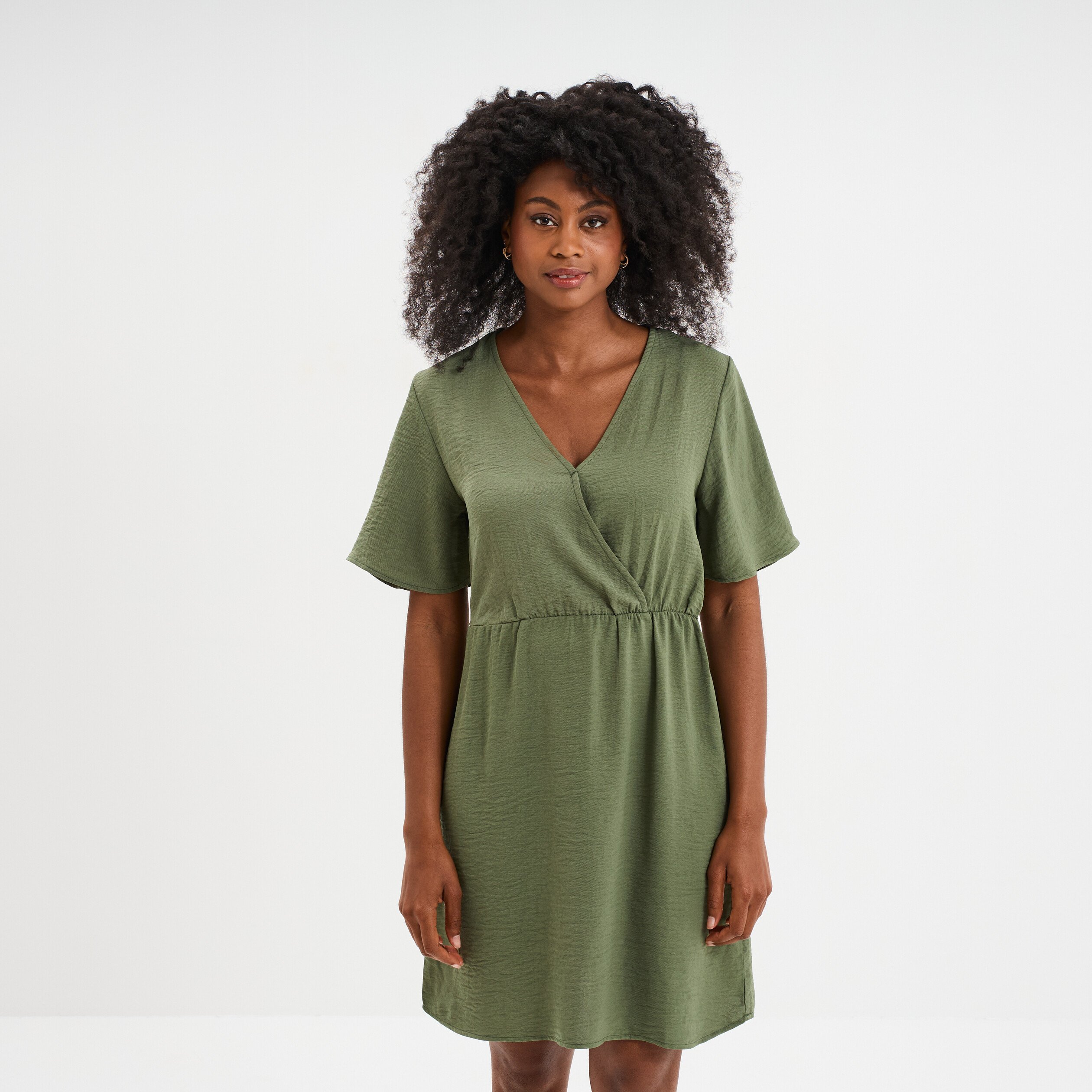 robe courte col cache coeur vert kaki femme Robe courte col cache-coeur vert kaki femme