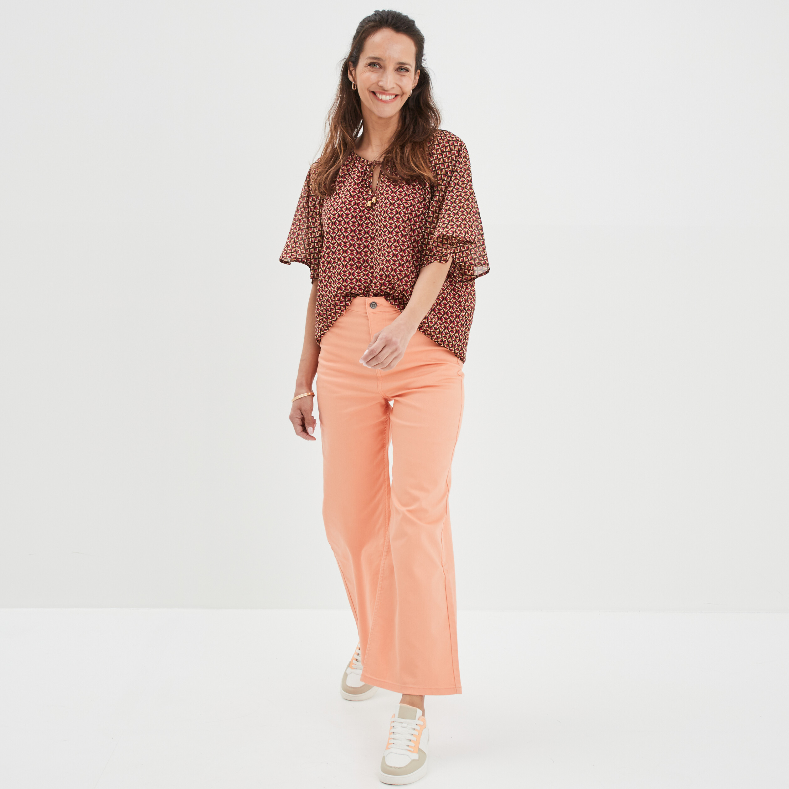 Blouse col tunisien avec cordons rose fushia femme