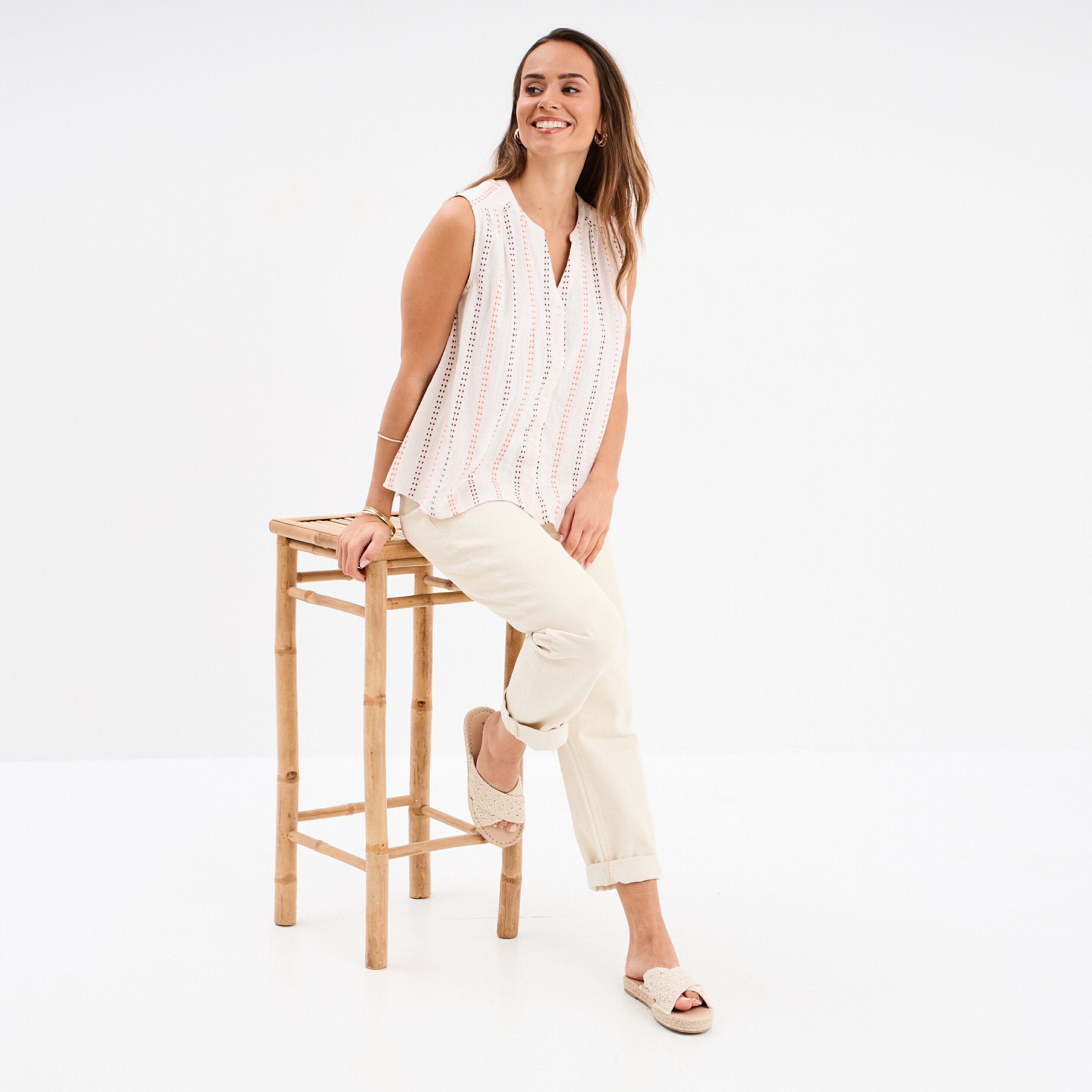 blouse col tunisien gaze de coton ecru femme Blouse col tunisien gaze de coton ecru femme