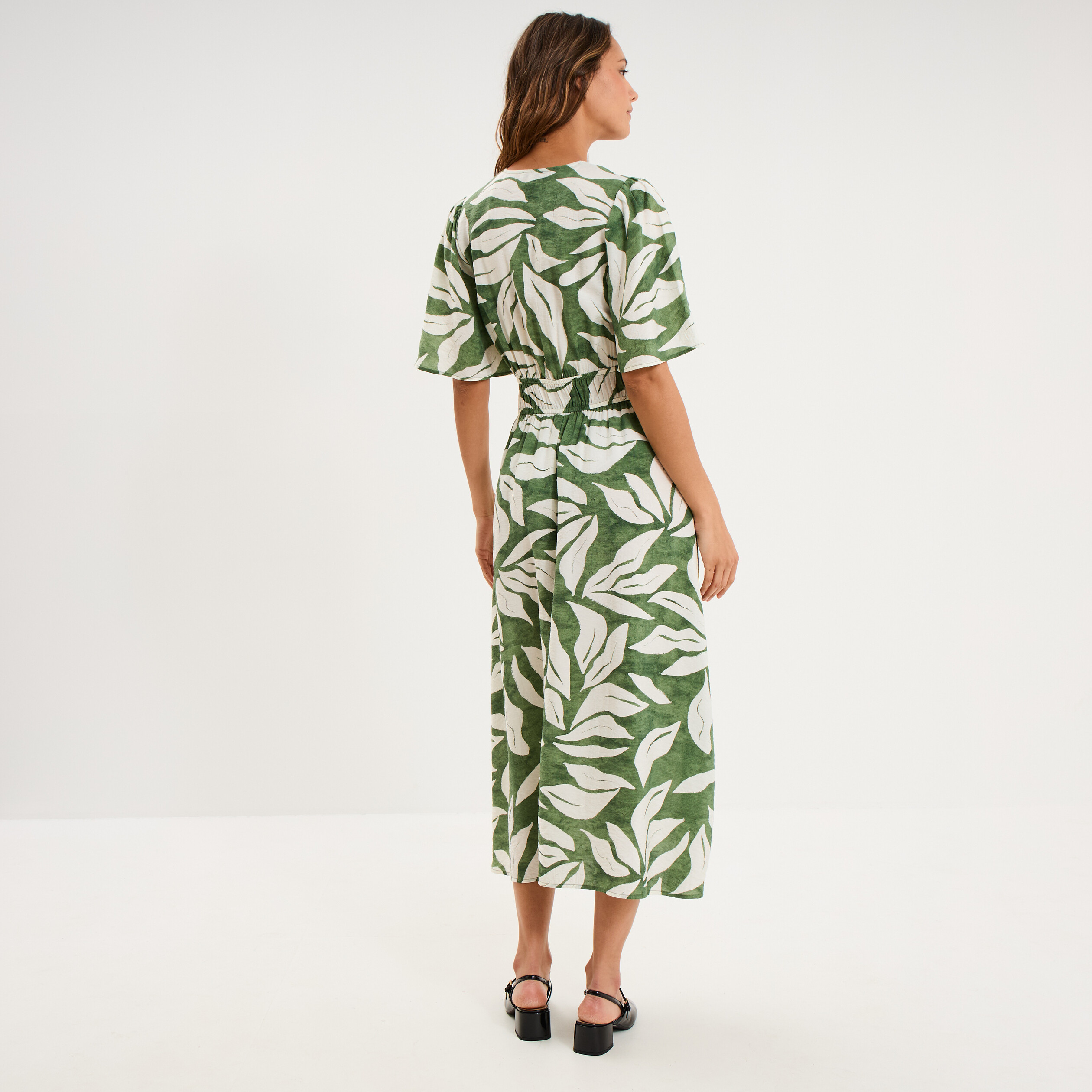 Robe longue col V taille &eacute;lastiqu&eacute;e vert kaki femme