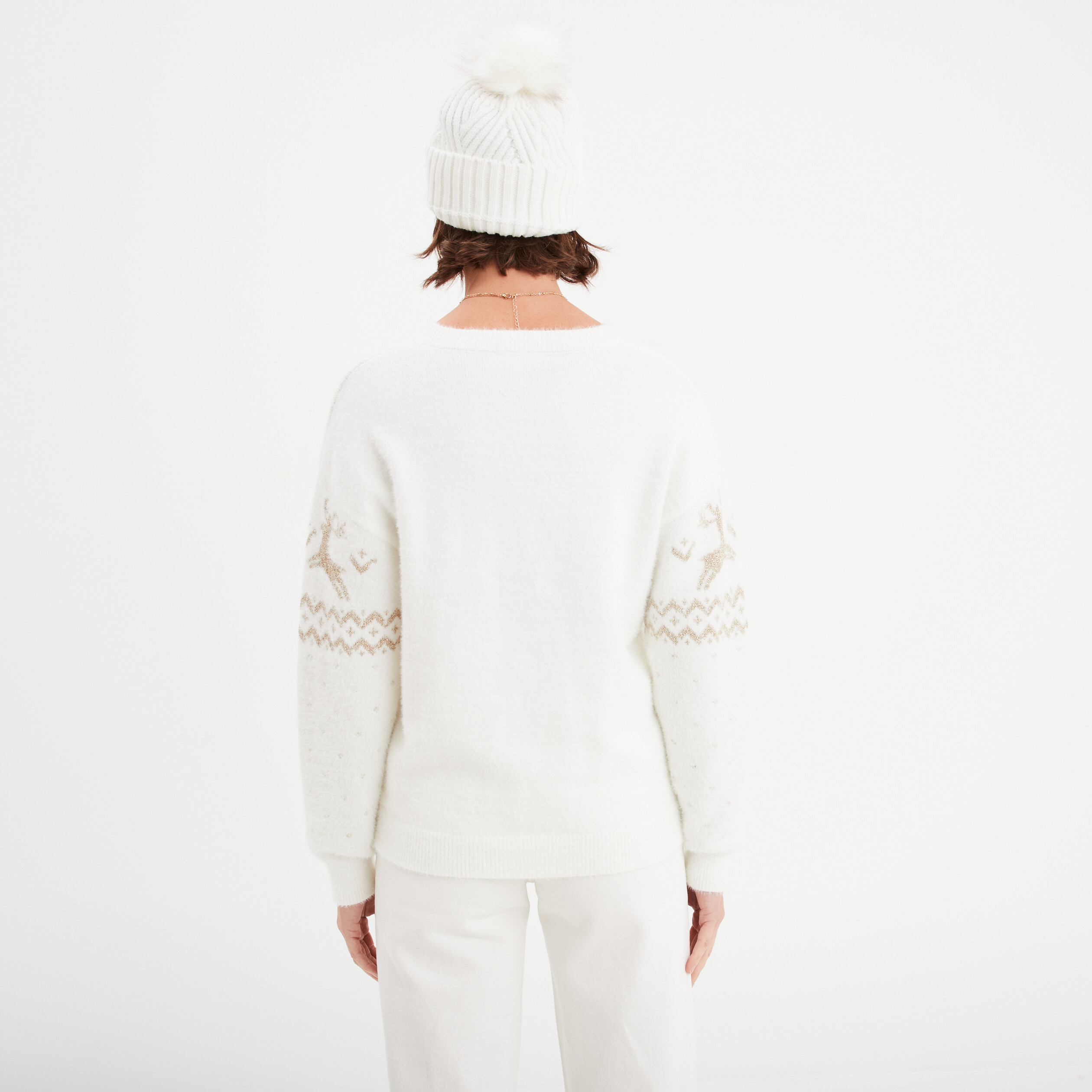 Pull No&euml;l col rond manches longues blanc femme