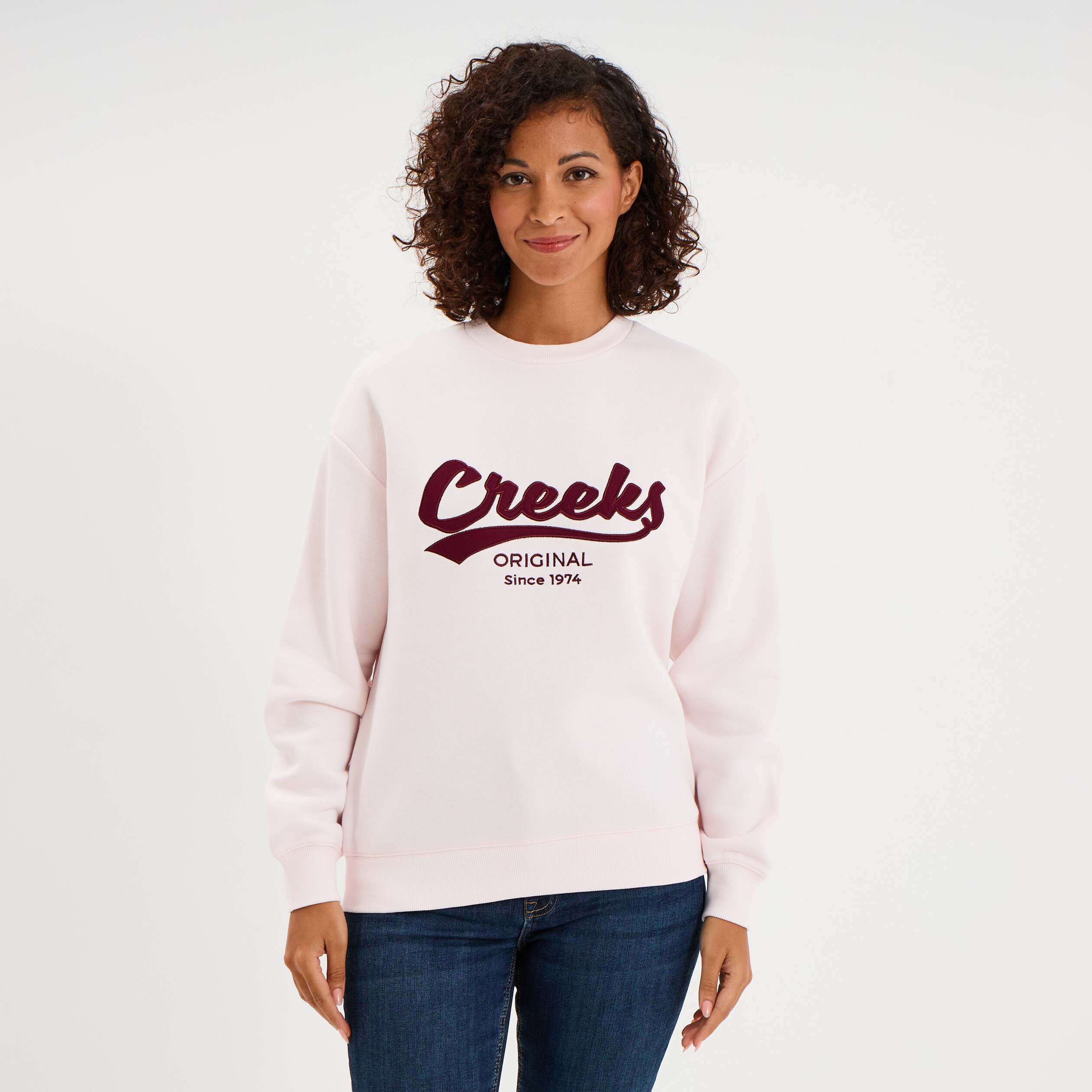 Sweat molleton col rond manches longues rose clair femme