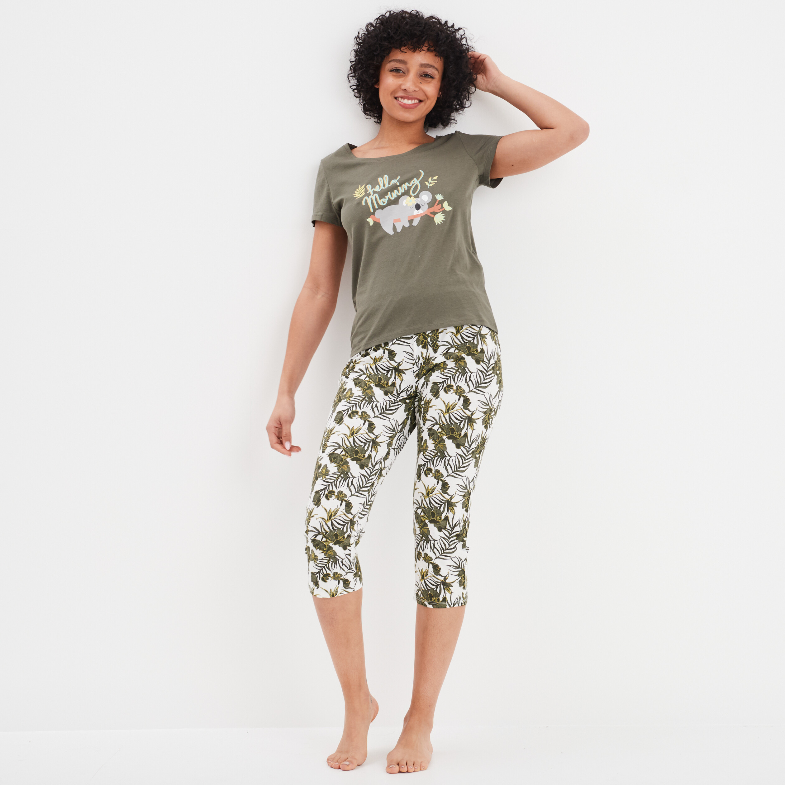 Ensemble pyjama corsaire 2 pi&egrave;ces coton vert kaki femme