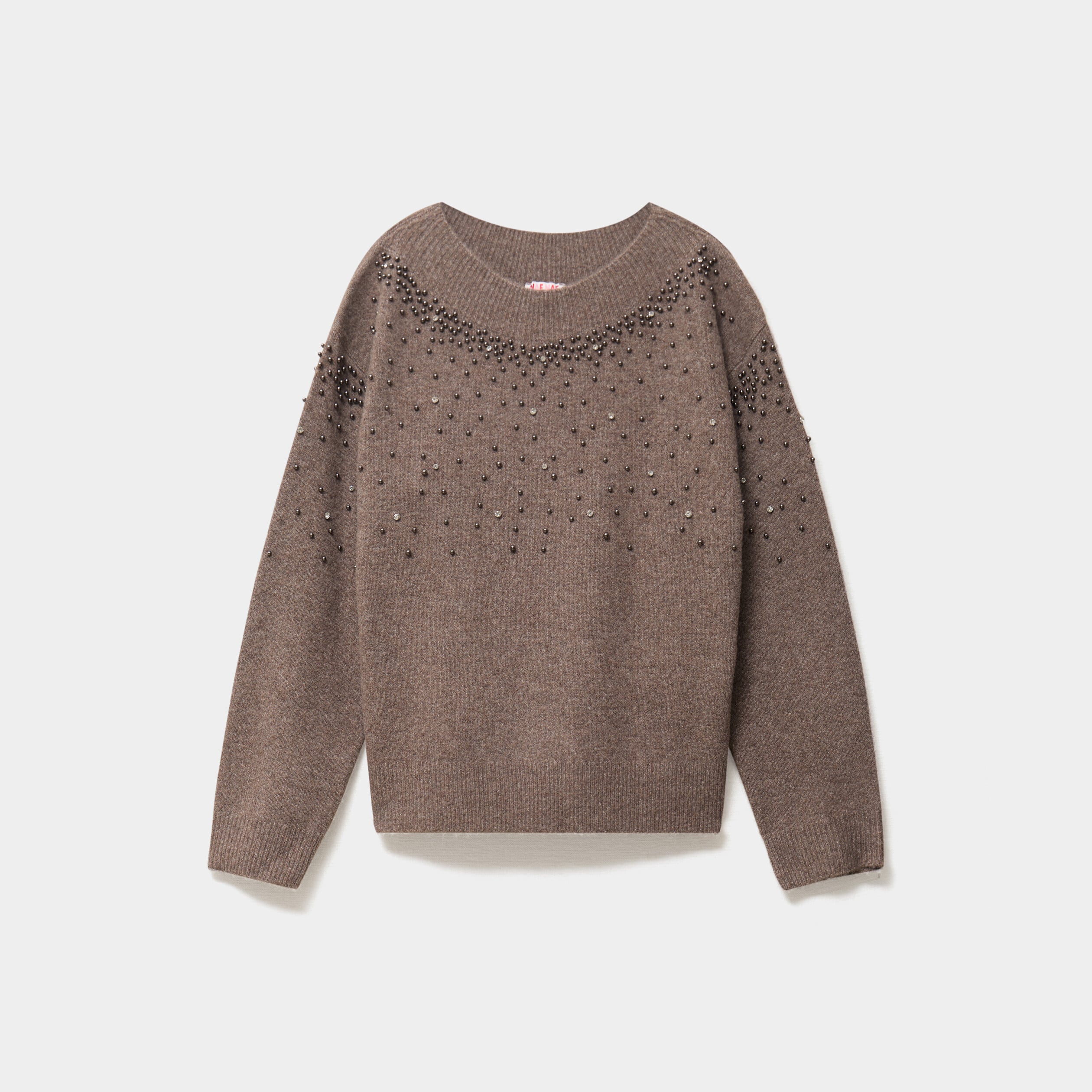 Pull perles et strass manches longues taupe femme