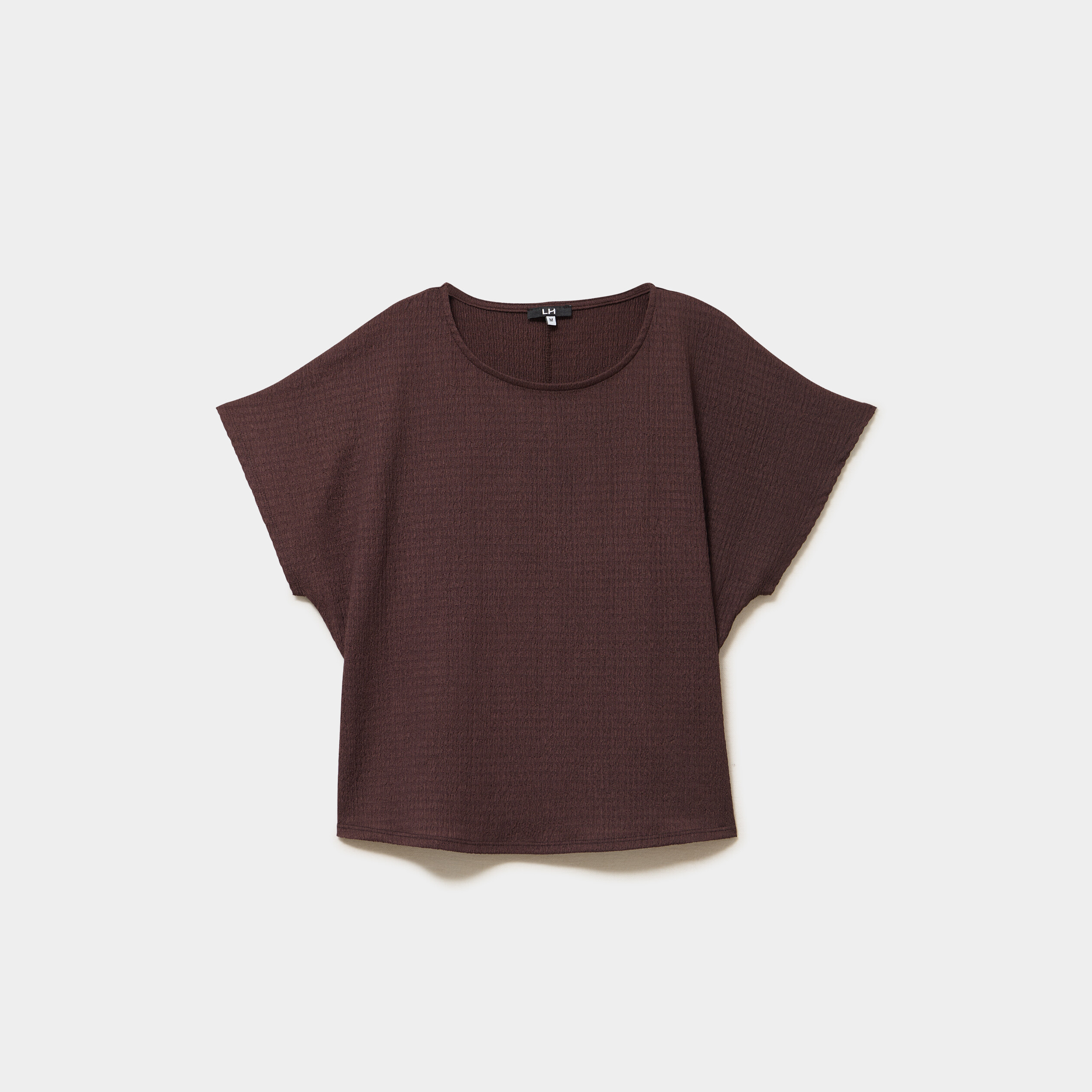 T-shirt gaufr&eacute; col rond manches courtes marron fonc&eacute; femme