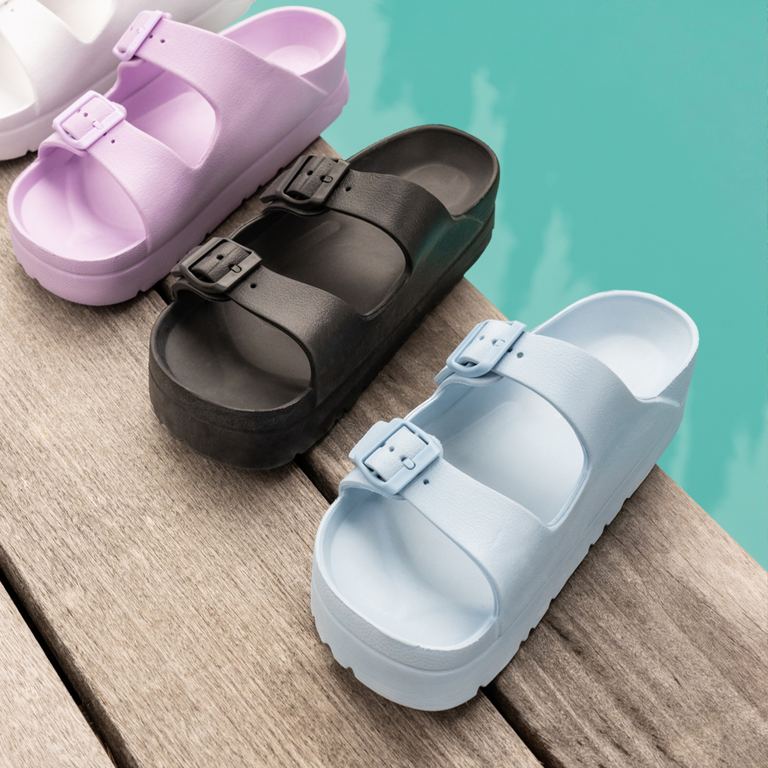 Mules de plage plateformes bleu femme