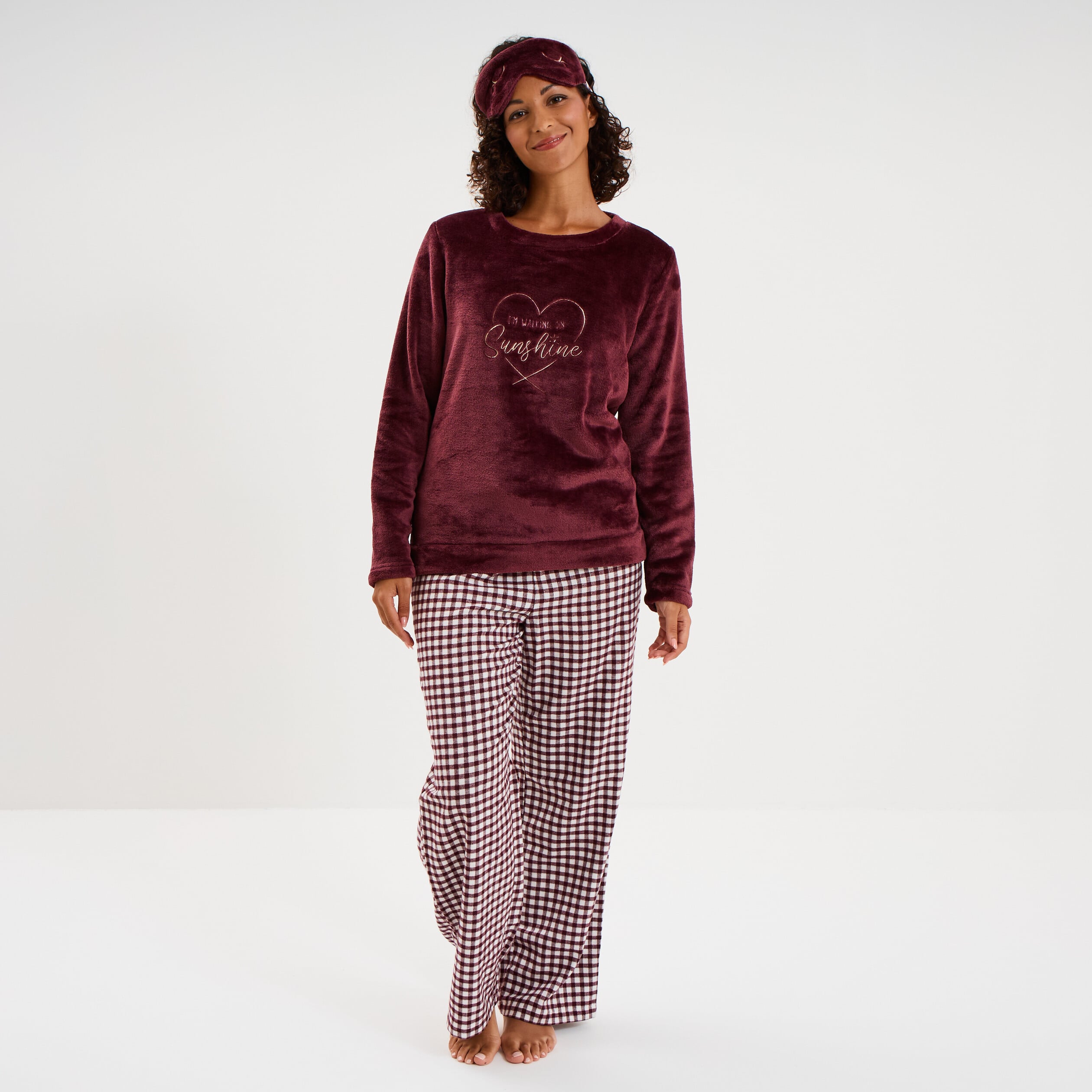 Ensemble pyjama effet polaire 3 pi&egrave;ces bordeaux femme