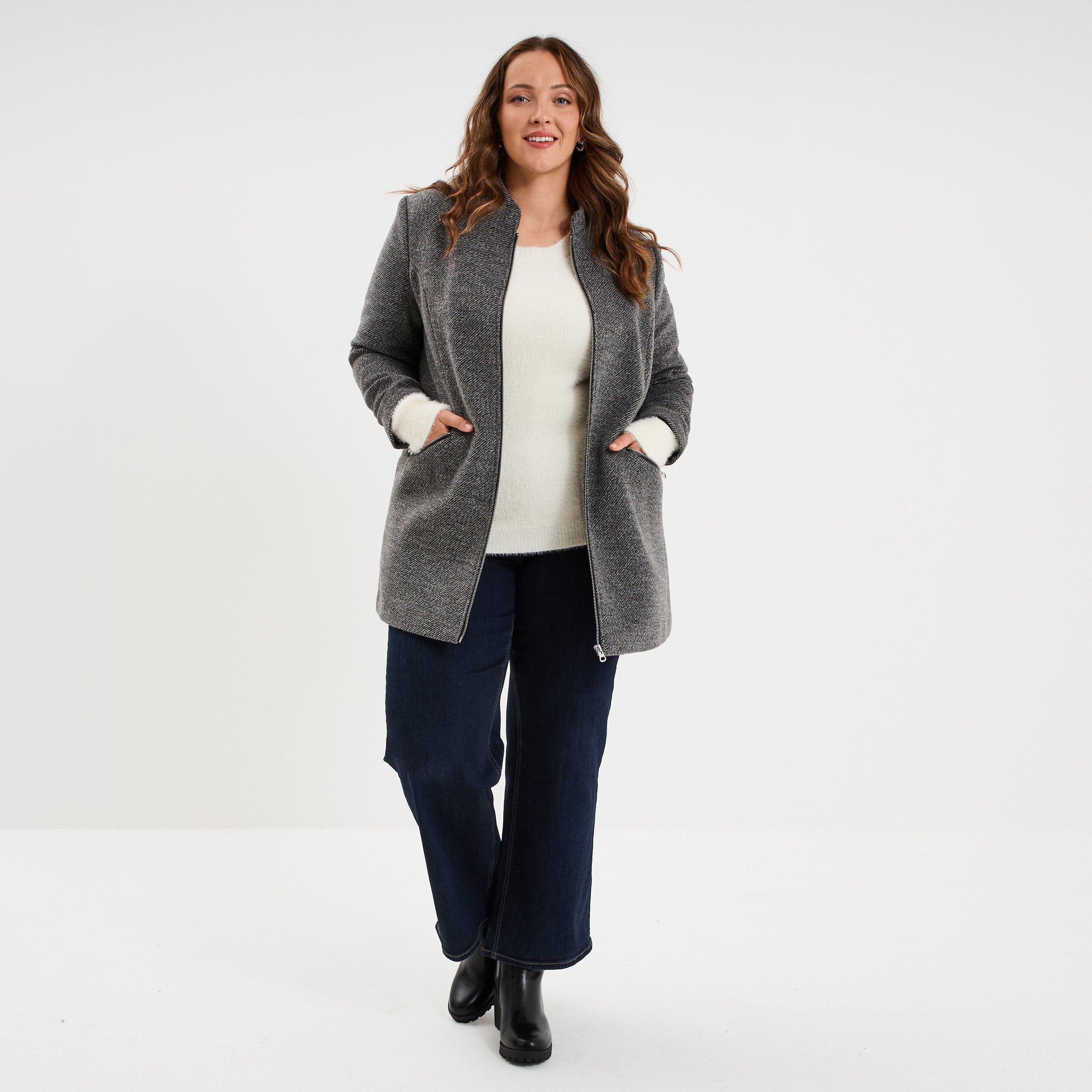Manteau mi-long droit zippé col mao gris foncé femme grande taille - Main Image