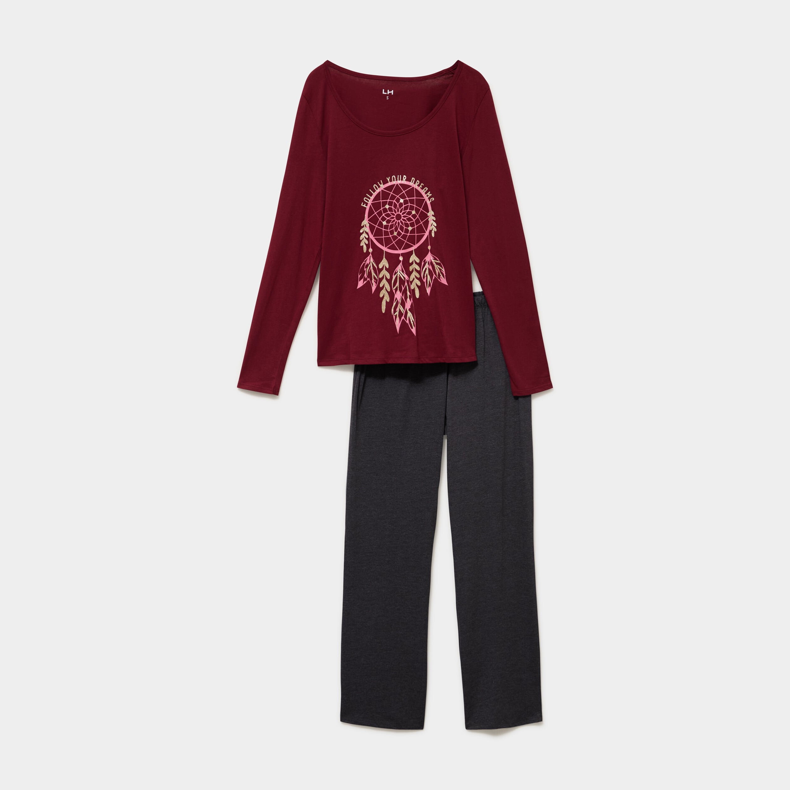 Ensemble pyjama pantalon 2 pi&egrave;ces coton bordeaux femme