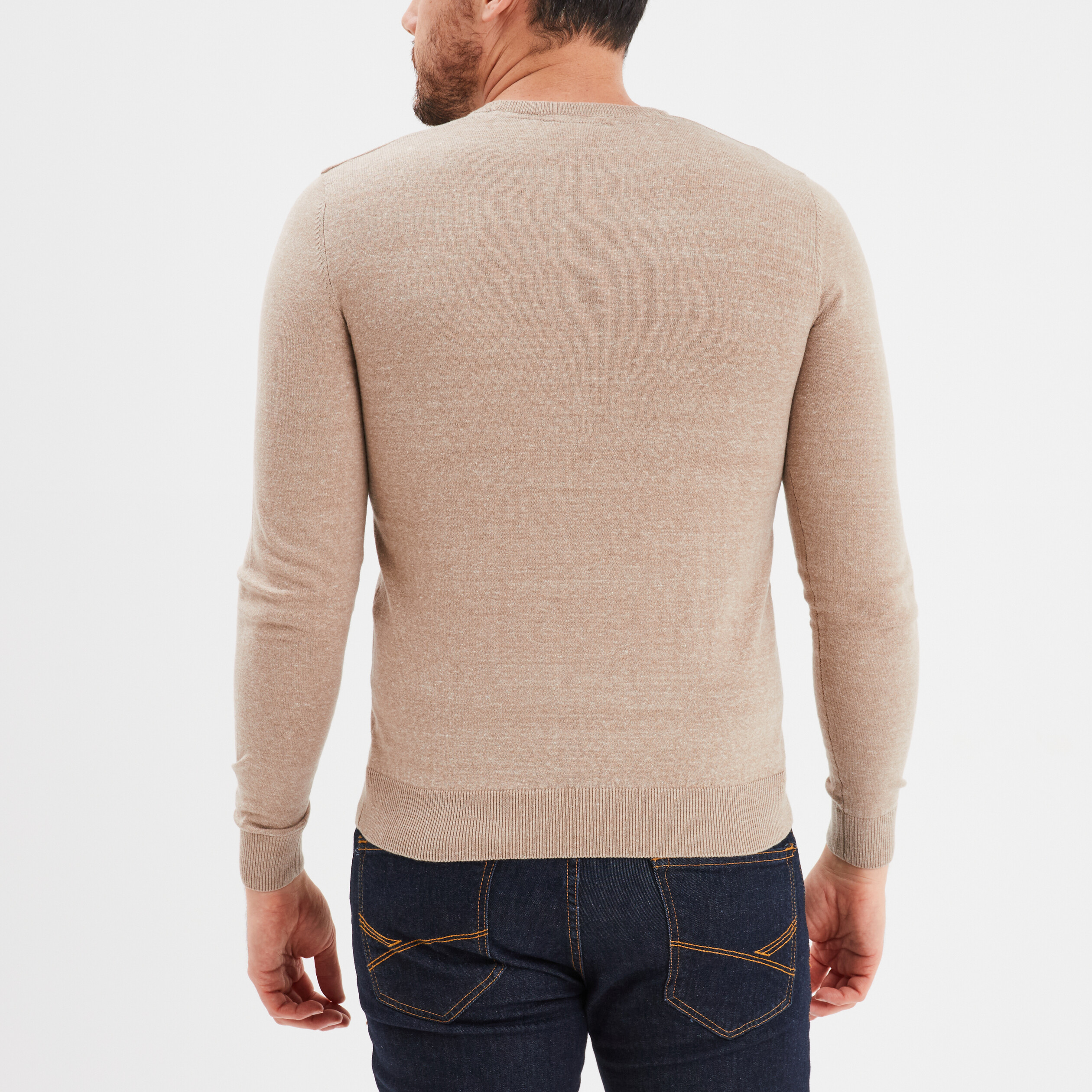 Pull droit col rond coton m&eacute;lang&eacute; beige homme
