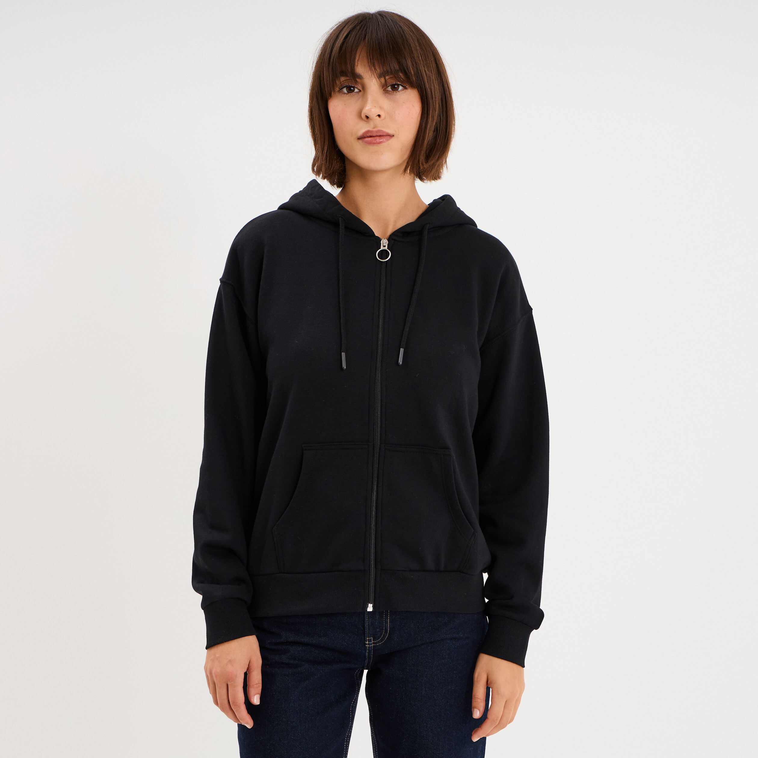 Sweat zipp&eacute; &agrave; capuche noir femme