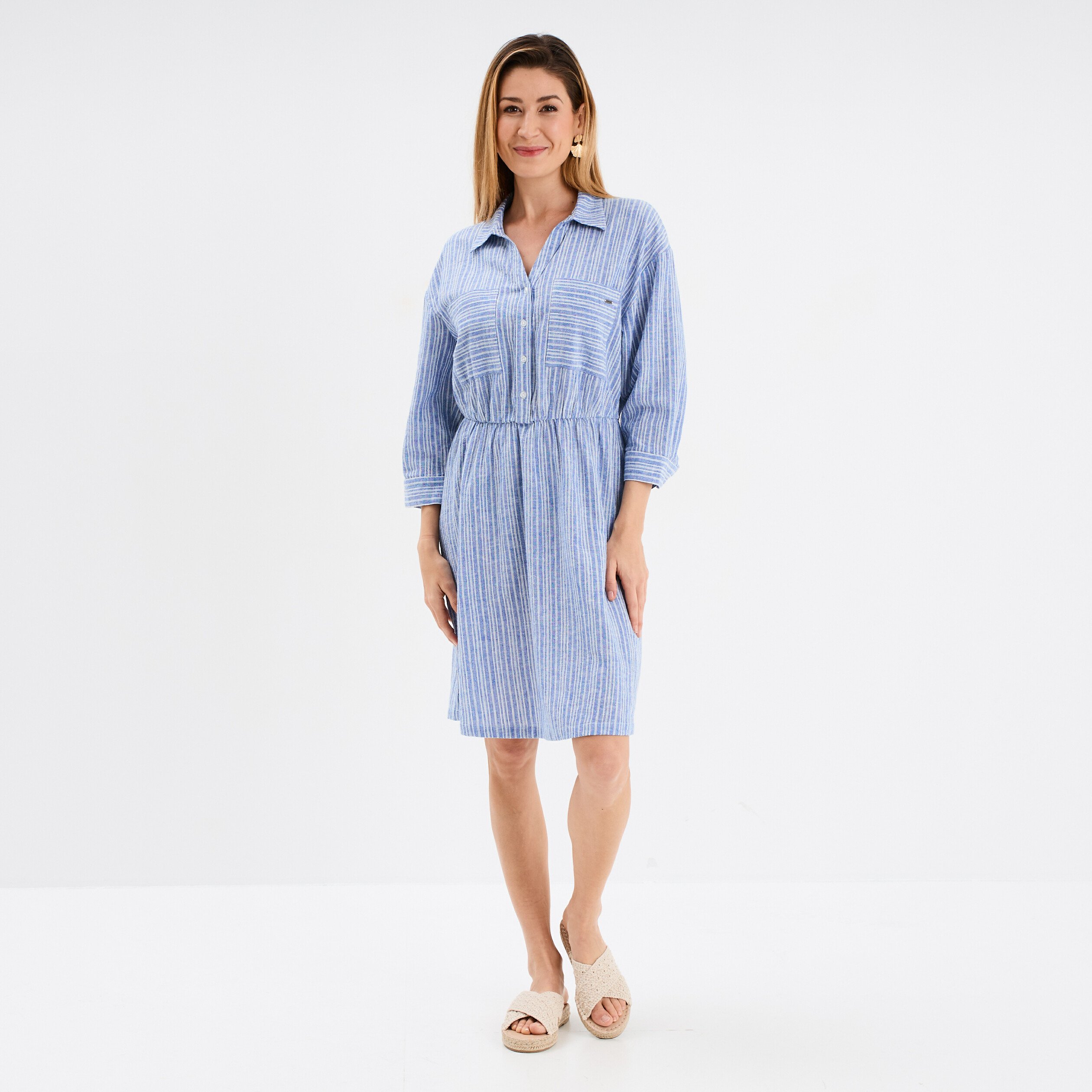 robe col chemise 2 poches melange lin bleu femme Robe col chemise 2 poches mélange lin bleu femme