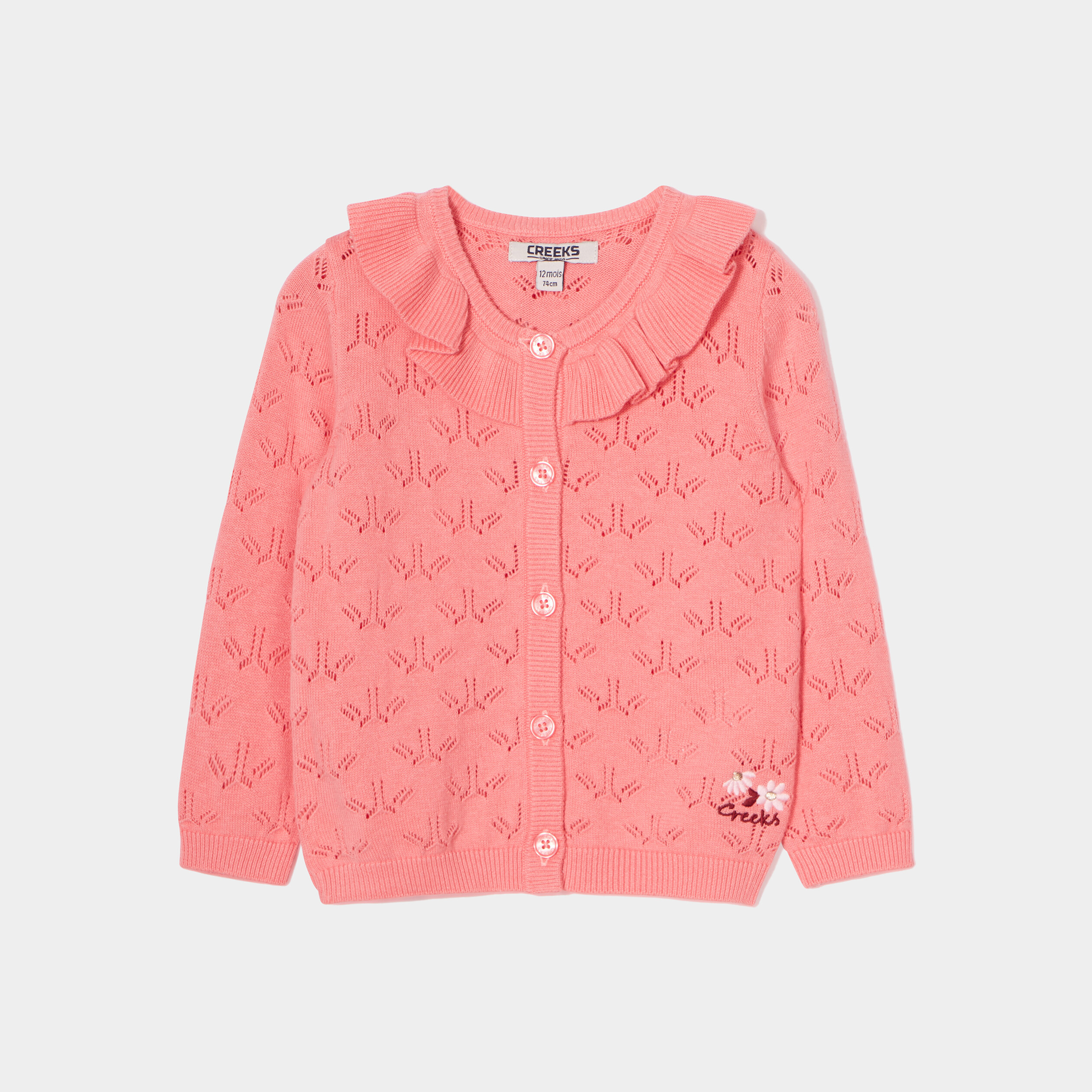gilet ajoure col a volants coton creeks rose bebef Gilet ajouré col à volants coton Creeks rose bébé fille