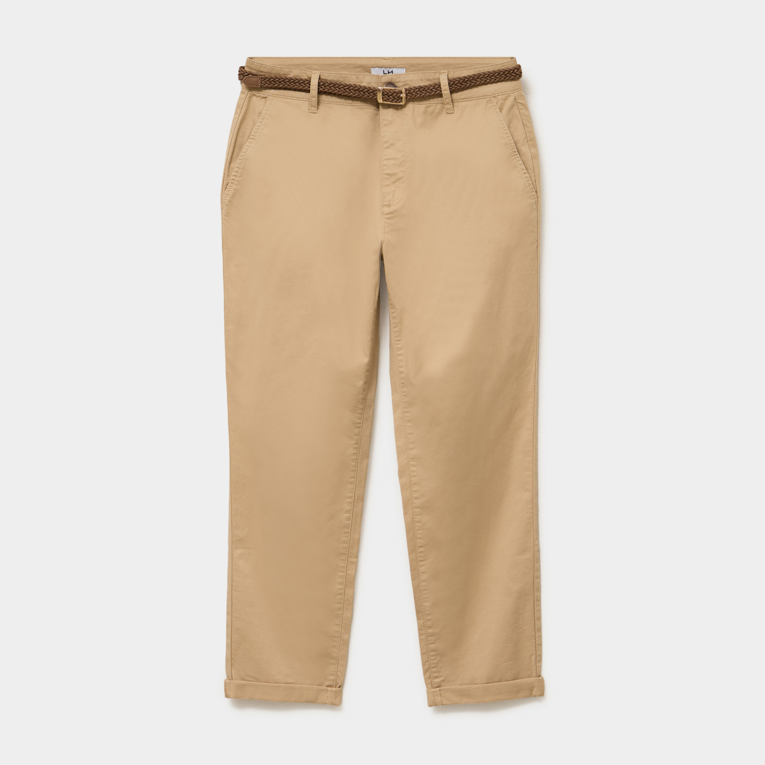 Pantalon chino 7/8&egrave;me ceinture tress&eacute;e beige femme