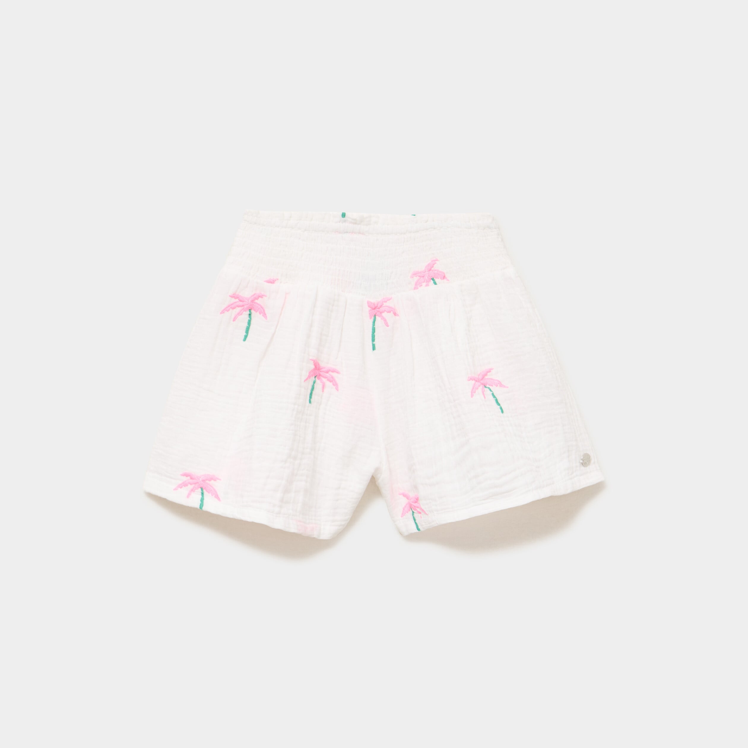 Short brod&eacute; taille smock&eacute;e gaze de coton ecru fille
