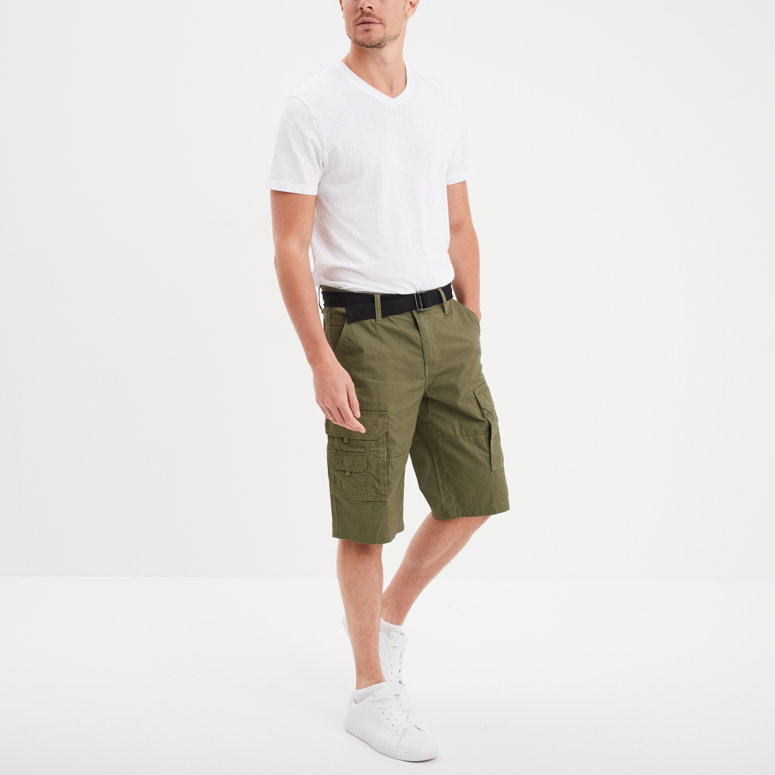 bermuda cargo cotele ceinture trappeur vert kaki homme Bermuda cargo côtelé ceinturé Trappeur vert kaki homme