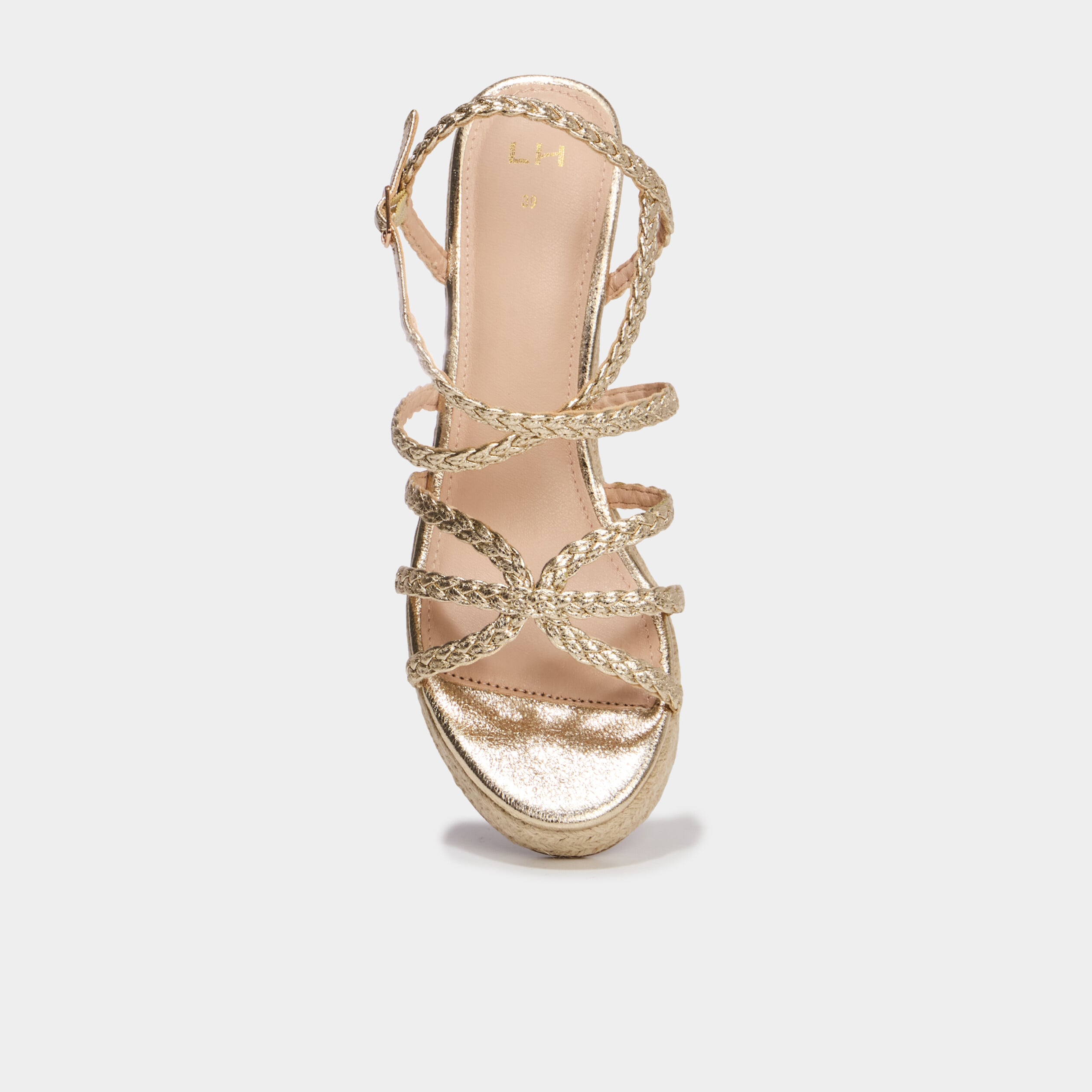 Sandales compens&eacute;es brides tress&eacute;es jaune or femme