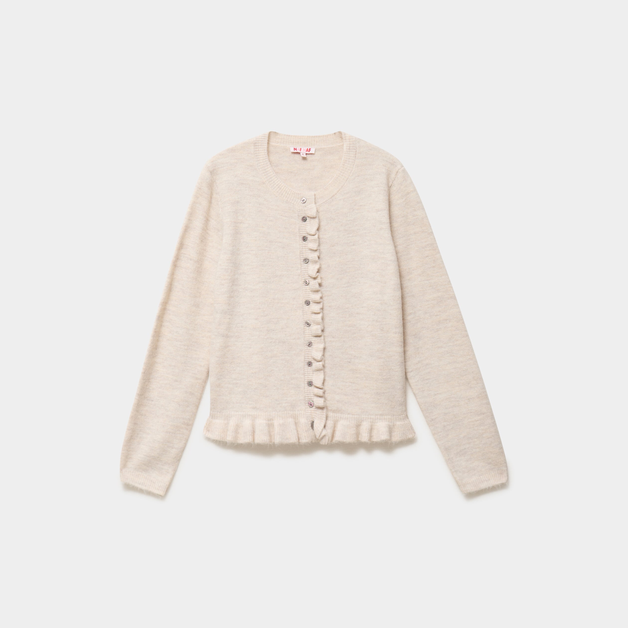 Gilet col rond &agrave; volants boutonn&eacute; ecru femme